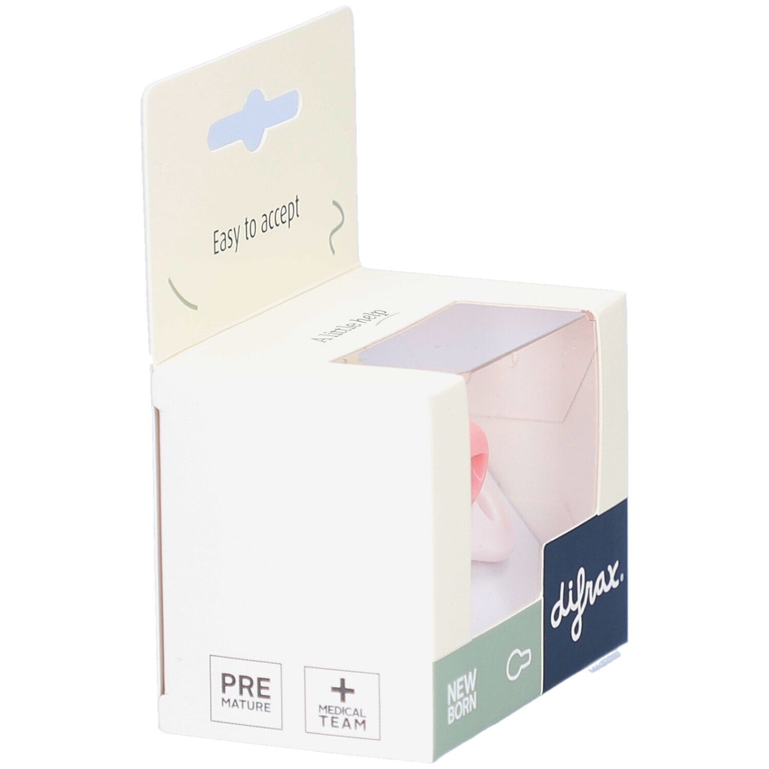 Verpackung mit Schnuller. Rosa Sauger, weißer Schild. Aufdruck "Pre Mature" und "New Born". Marke difrax.