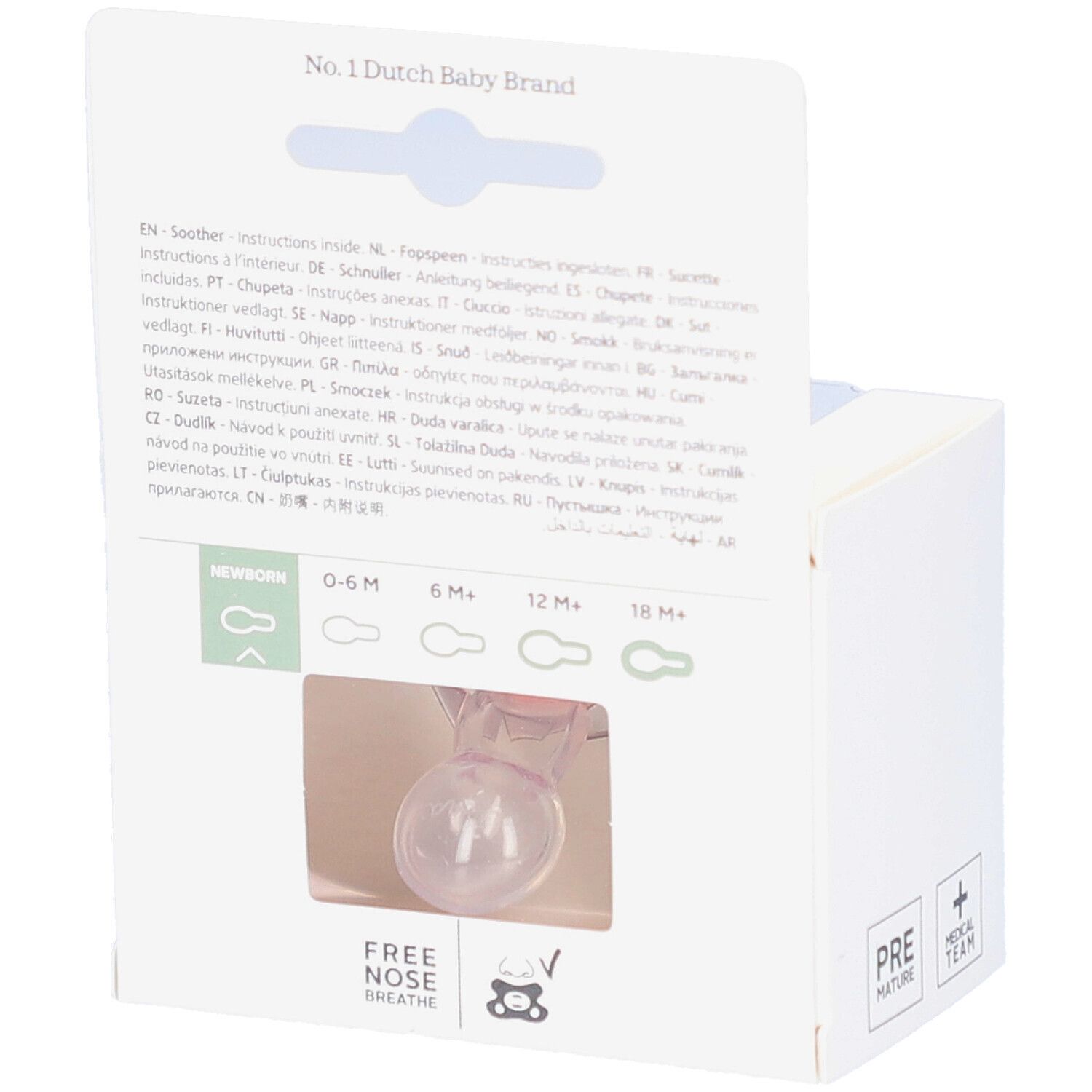 Rückseite der Verpackung. Schnuller sichtbar. Mehrsprachiger Text. Aufdruck "New Born" und Altersangaben. Logo.