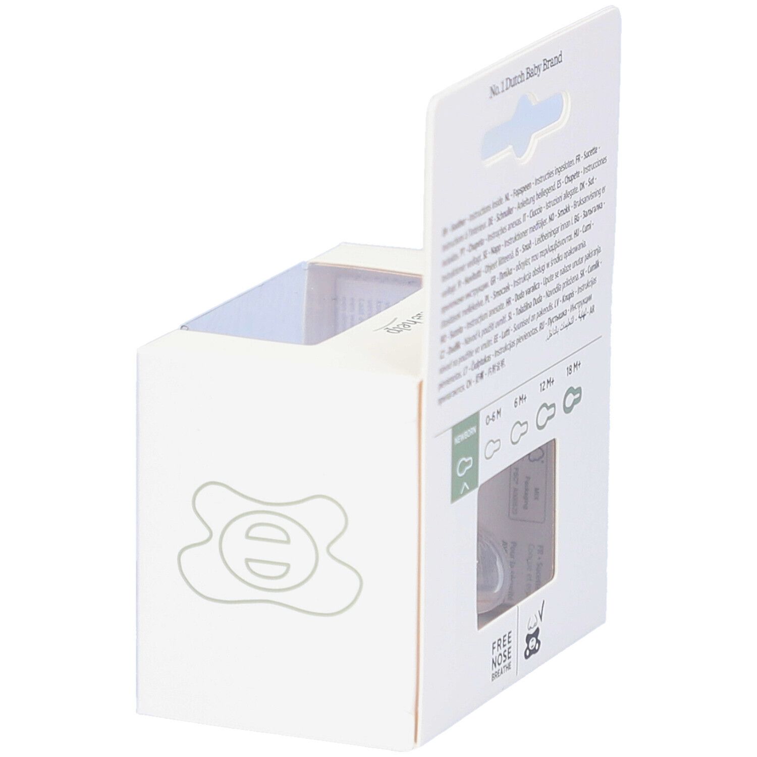 Verpackung mit Schnuller. Sichtfenster. Aufdruck "Free Nose Breathe". Logo. Text und Altersangaben.