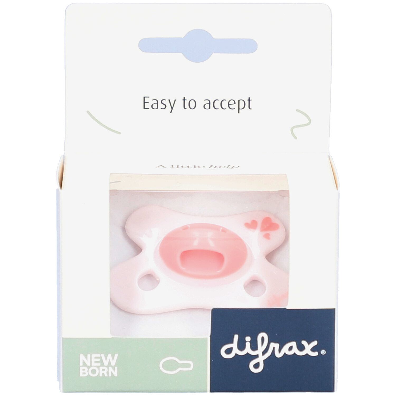 Schnuller in Verpackung. Rosa Sauger, weißer Schild mit Herzchen. Marke difrax. Aufdruck "New Born" und "Easy to accept".