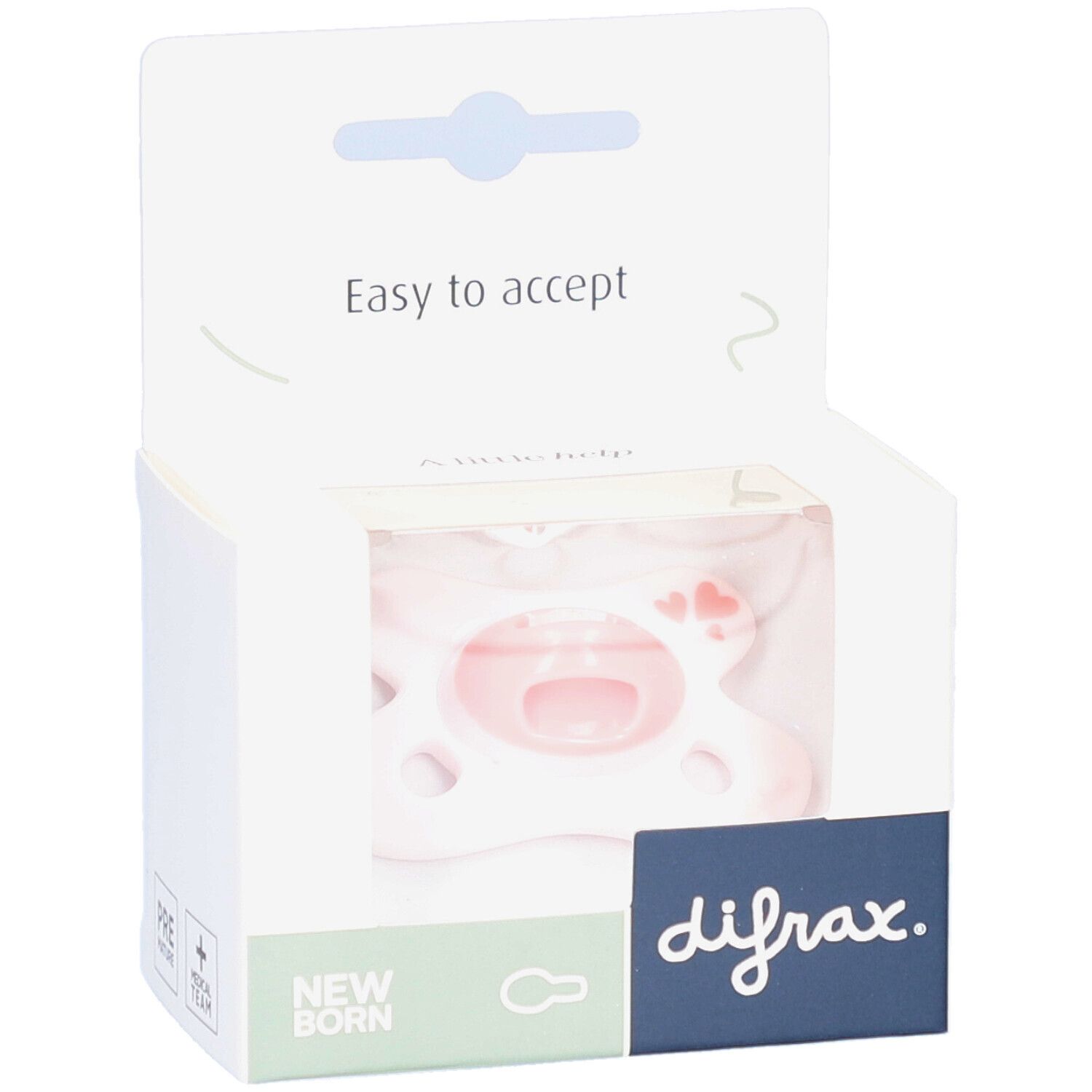 Schnuller in Verpackung. Rosa Sauger, weißer Schild mit Herzchen. Marke difrax. Aufdruck "Easy to accept".