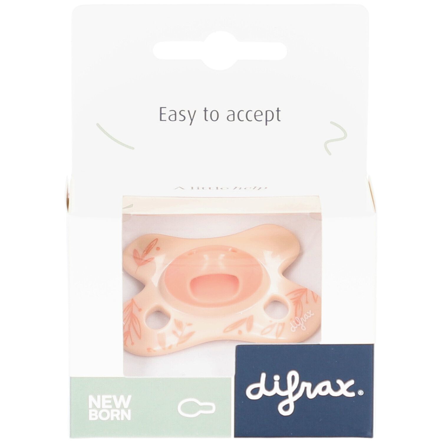 Verpackung mit Schnuller. Rosa Schnuller mit Blättermuster. Marke: difrax. Text: Easy to accept, New Born.