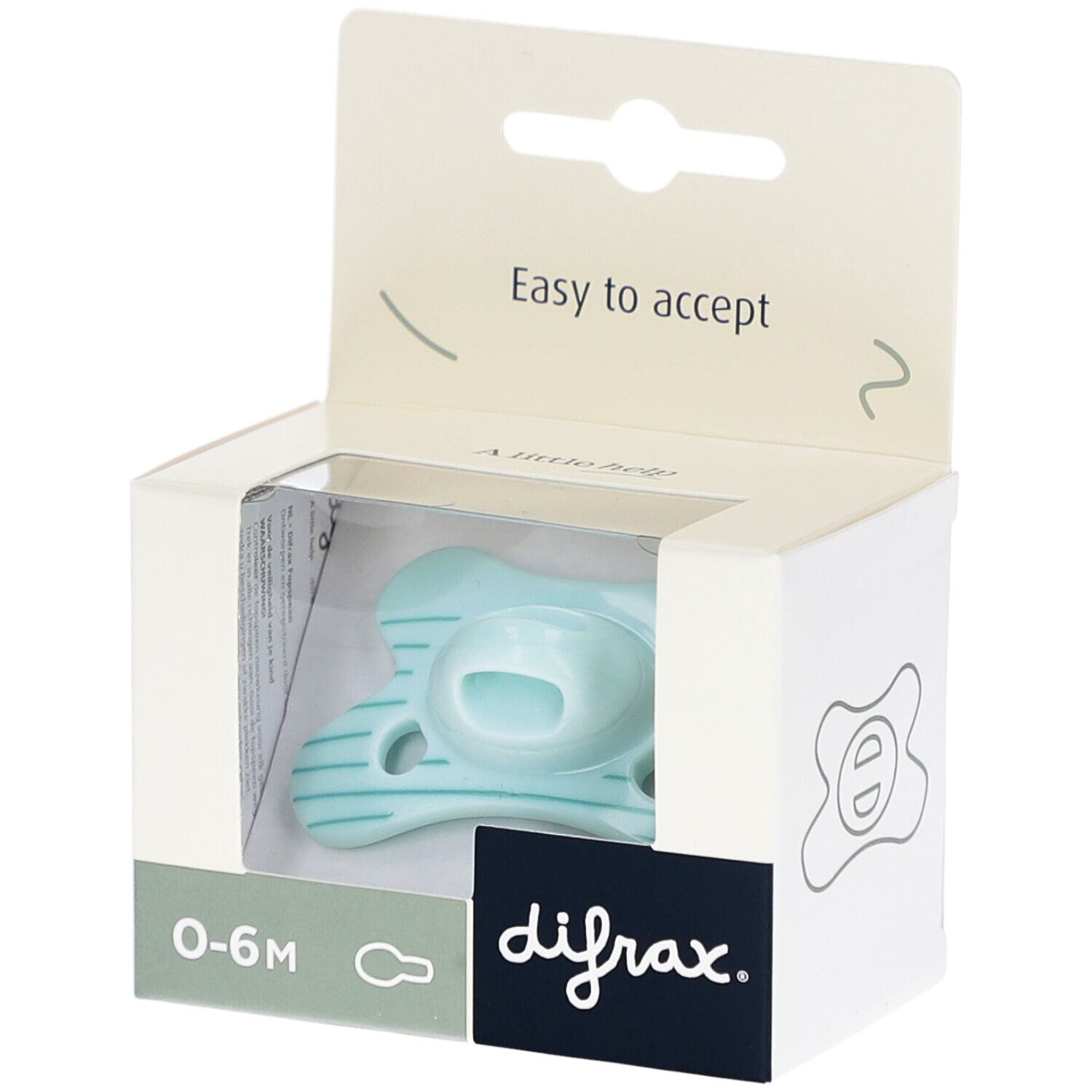 Hellblauer Schnuller in geöffneter Verpackung. Auf der Verpackung steht "difrax" und "0-6M".