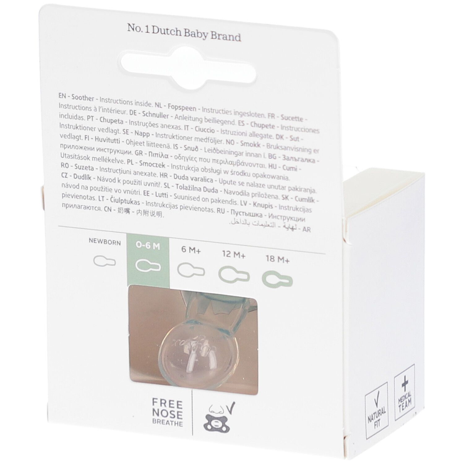 Rückseite der Verpackung mit Text und Piktogrammen. Der Schnuller ist durch ein Fenster sichtbar.