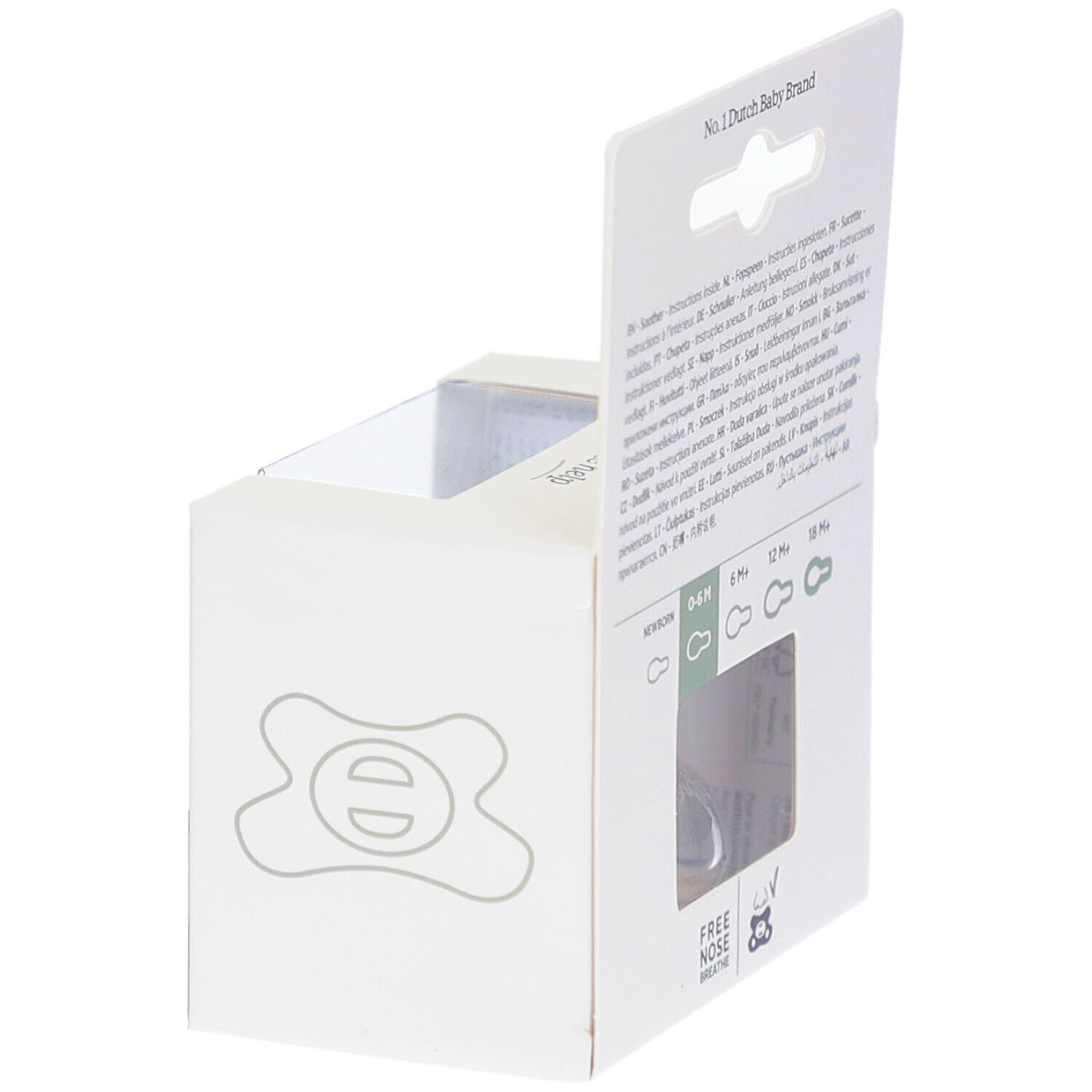 Seitenansicht der Verpackung mit Text und Piktogrammen. Der Schnuller ist durch ein Fenster sichtbar.