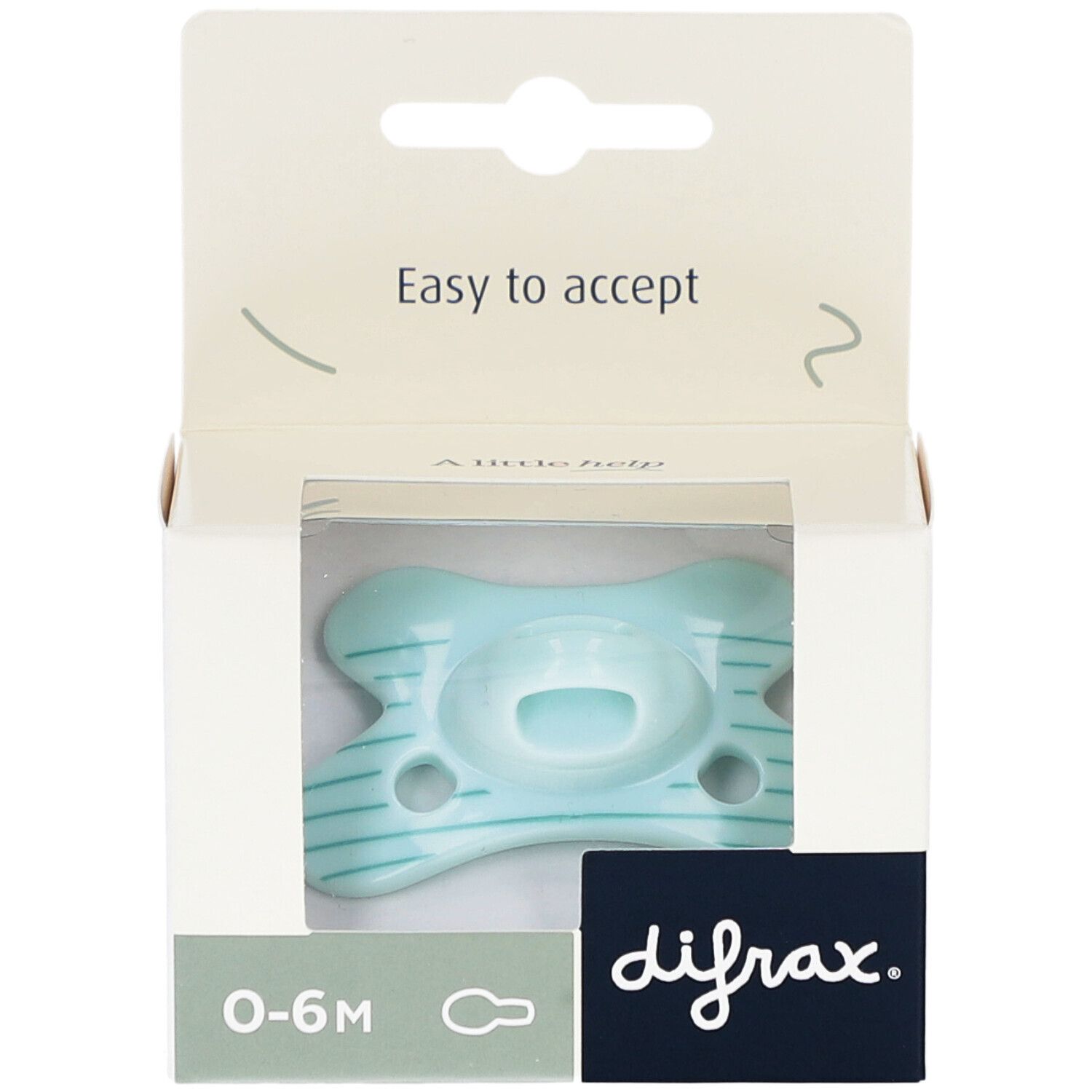 Hellblauer Schnuller in geöffneter Verpackung. Auf der Verpackung steht "difrax" und "0-6M".