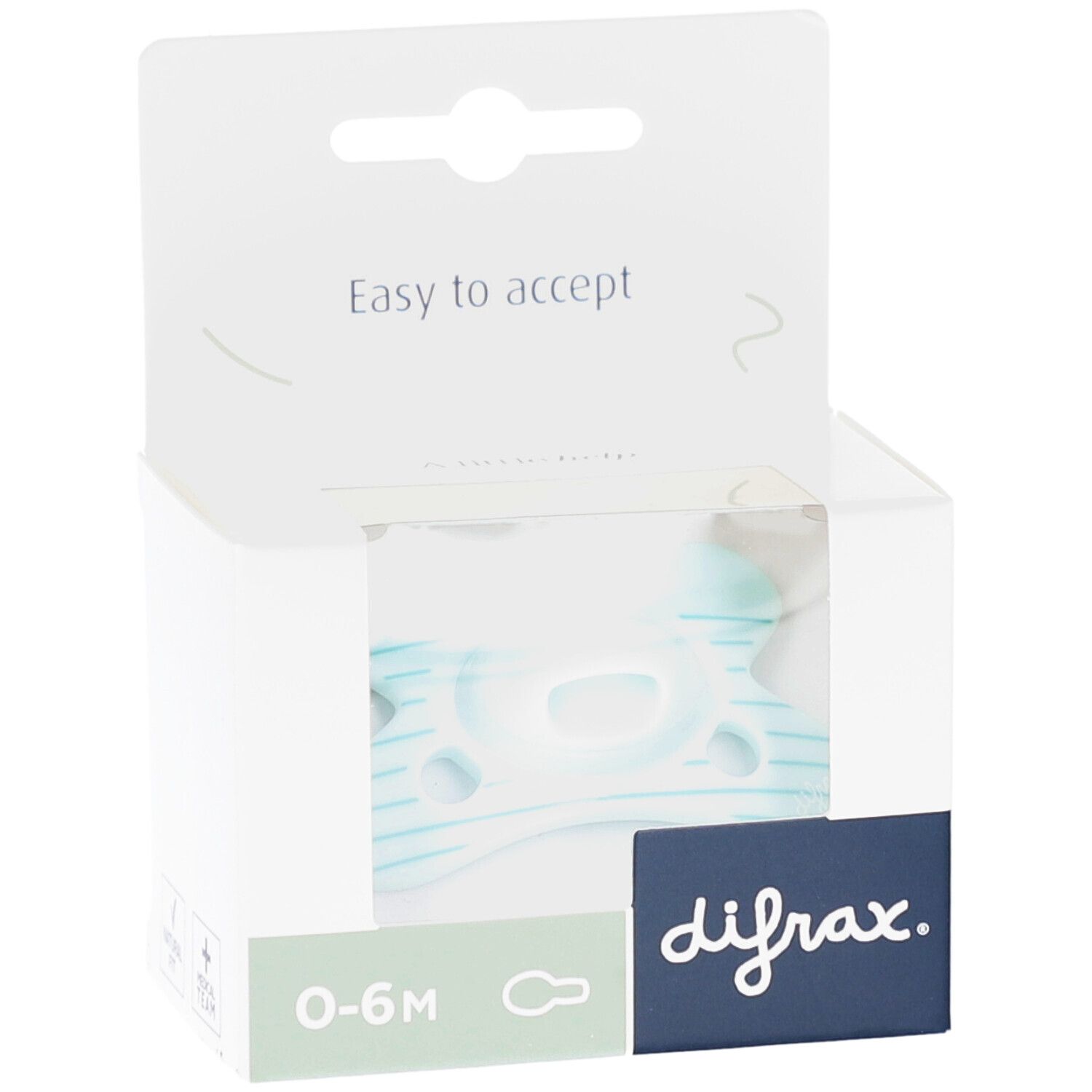 Hellblauer Schnuller in geöffneter Verpackung. Auf der Verpackung steht "difrax" und "0-6M".