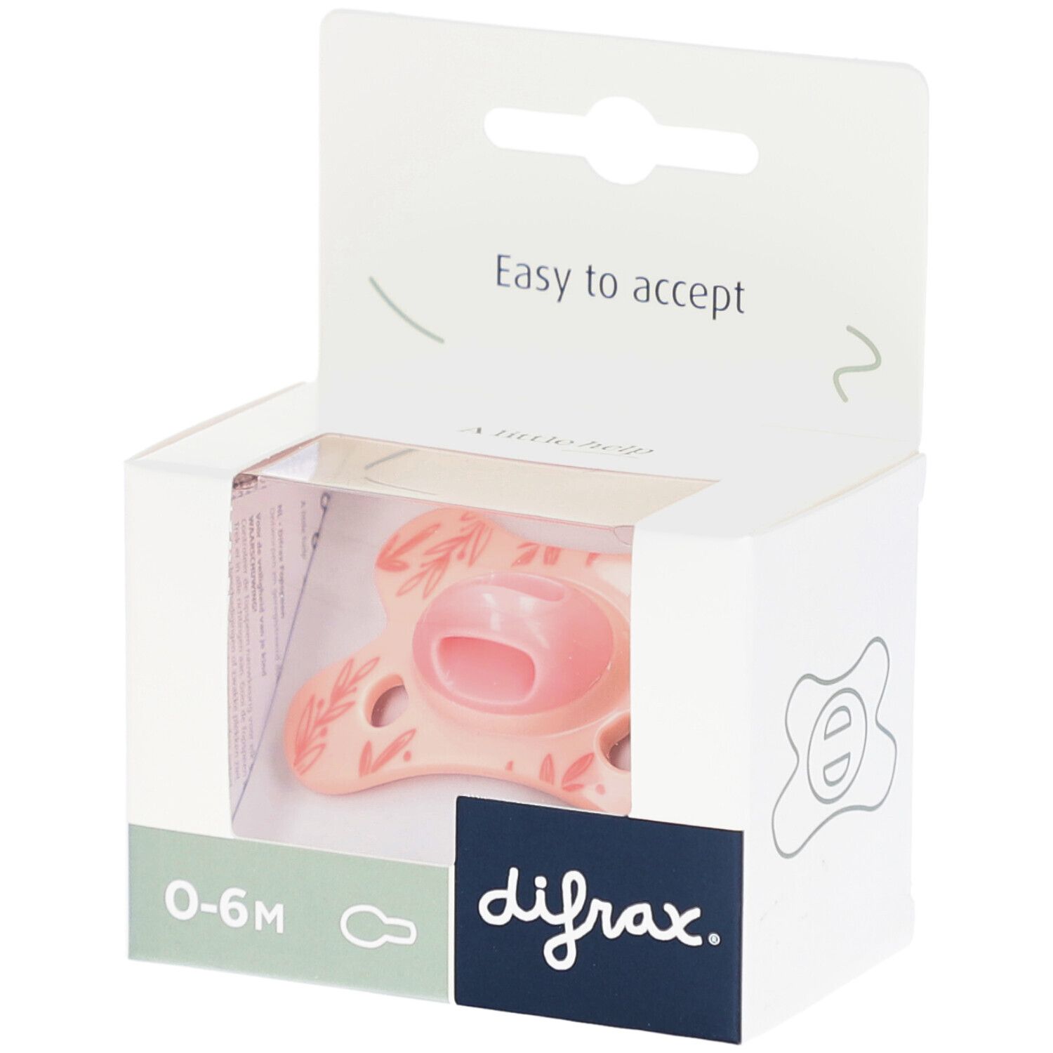 Rosa Schnuller mit Blättermuster in Verpackung. Marke: difrax. Alter: 0-6 Monate. Verpackung mit Sichtfenster.