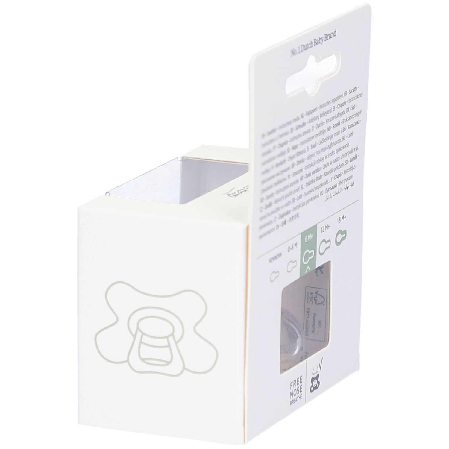 Weiße Verpackung mit Schnuller-Umriss. Aufdruck: Free Nose Breathe, 6M+.