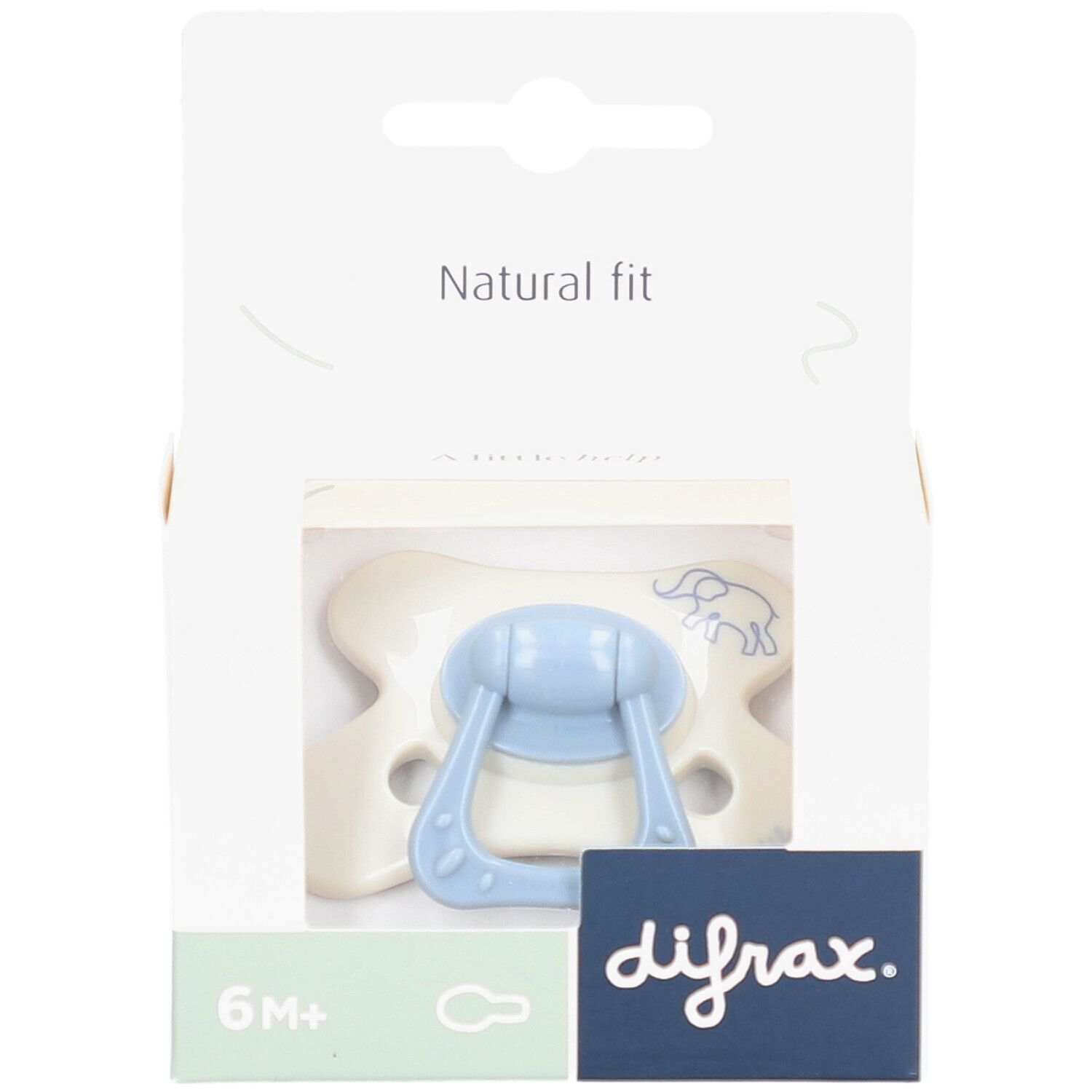 Blauer Schnuller in Verpackung. Aufdruck: difrax, 6M+, Natural fit.