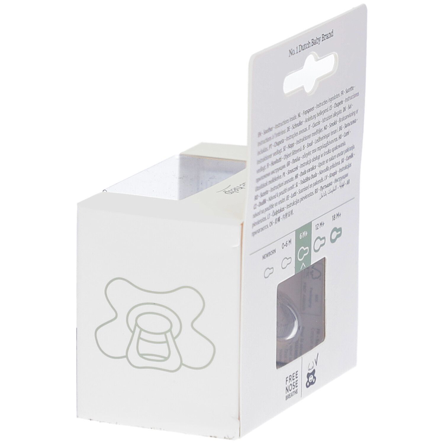 Verpackung mit Schnuller. Rückseite mit Text und Altersempfehlungen: 0-6M, 6M+, 12M+, 18M+. "Free nose breathe" Symbol.