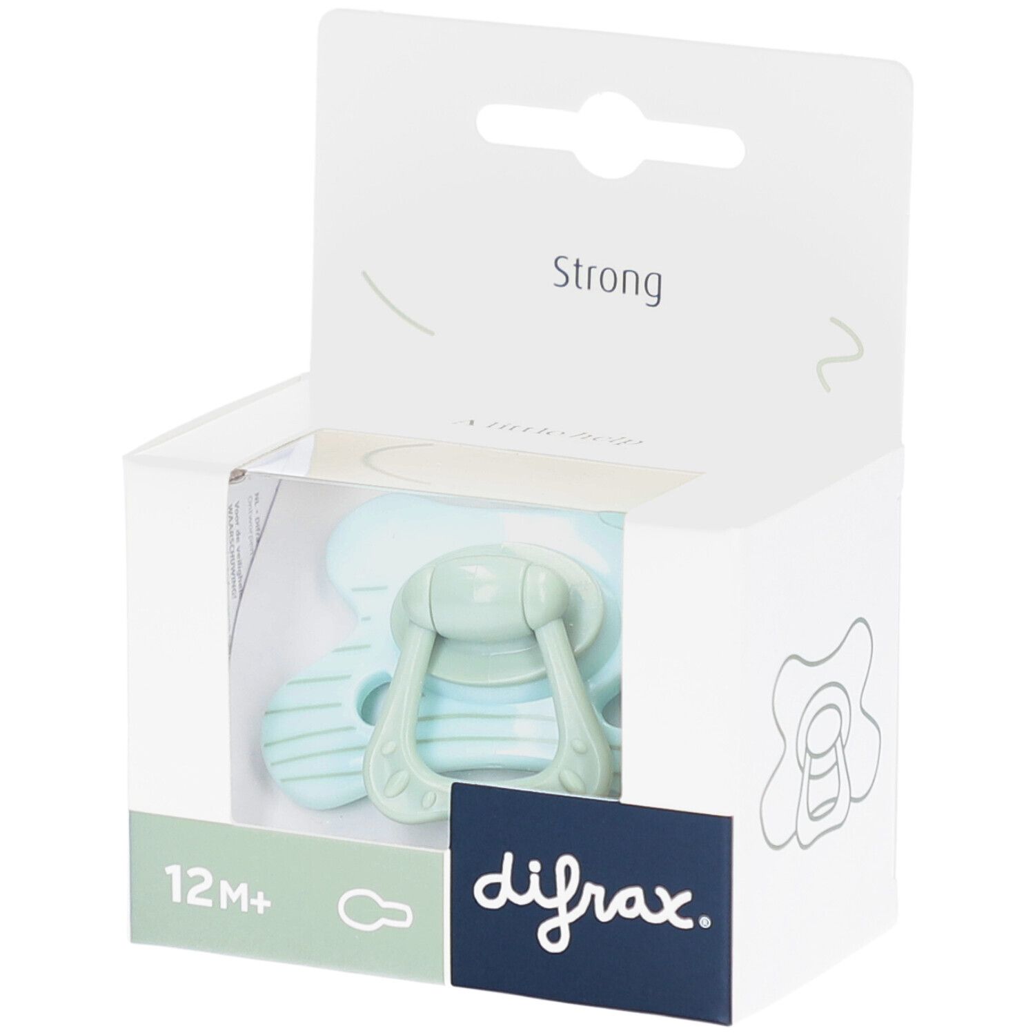 Mintfarbener Schnuller in Verpackung. Sichtbar: 12M+ und difrax-Logo. Verpackung mit Aufdruck "Strong".