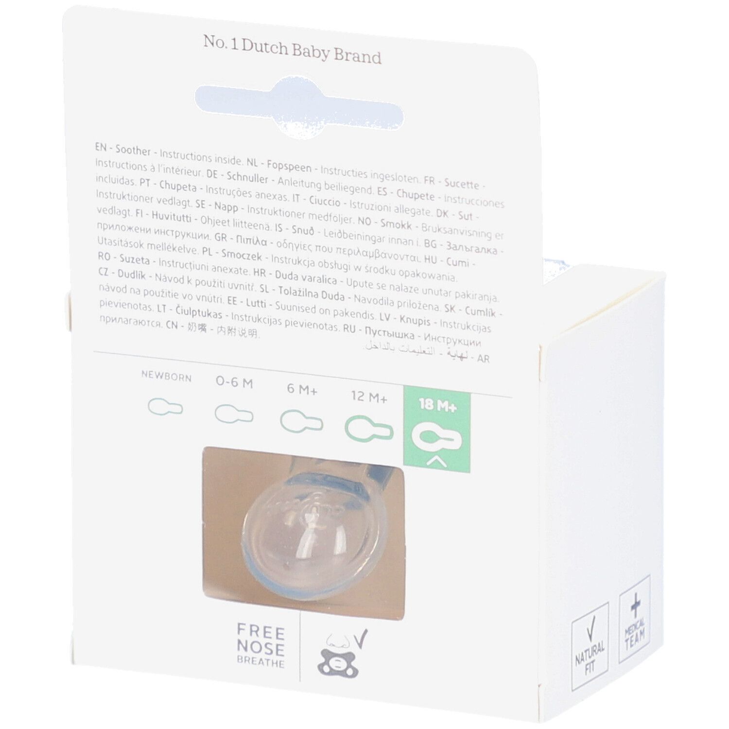 Verpackung mit Schnuller. Rückseite mit Text in verschiedenen Sprachen. Sichtfenster mit Schnuller.