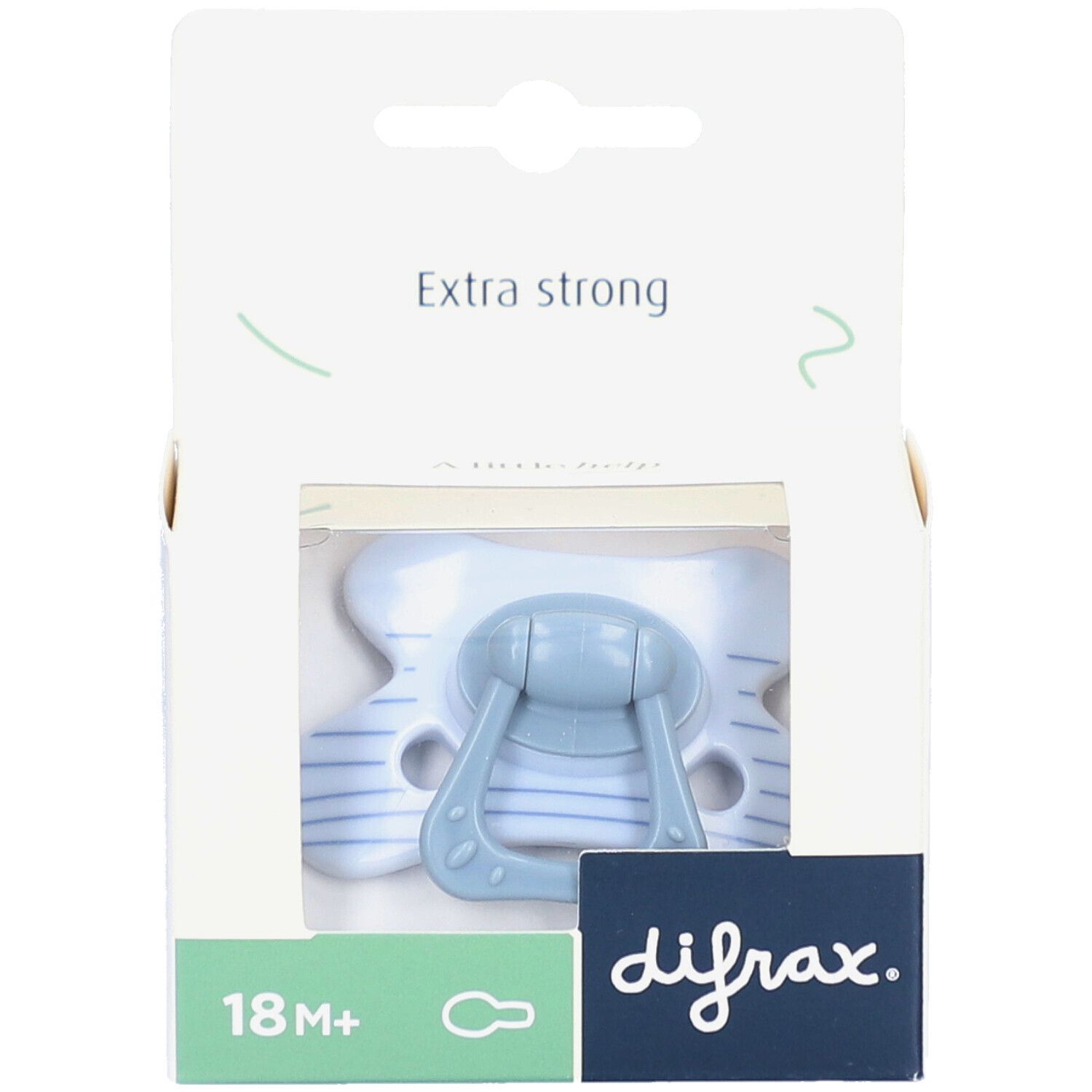 Schnuller in Verpackung. Hellblauer Schnuller mit Streifenmuster. Verpackung mit Schriftzug "Extra strong" und Logo.