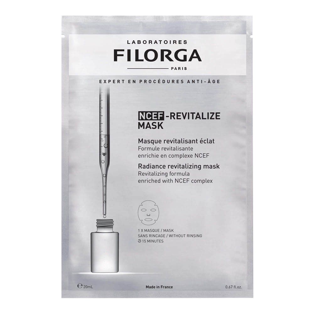 Filorga NCEF-Revitalize Mask. Einzelne Maske in silberner Verpackung. Enthält eine Pipette und eine Flasche.