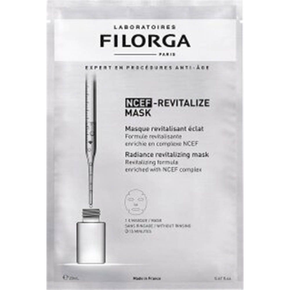 Sachet scellé. Produit : NCEF-REVITALIZE MASK. Contient un masque facial. Marque : Filorga. Texte en français et anglais.