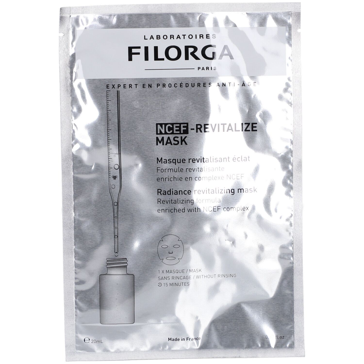 Sachet scellé. Produit : NCEF-REVITALIZE MASK. Contient un masque facial. Marque : Filorga. Texte en français et anglais.