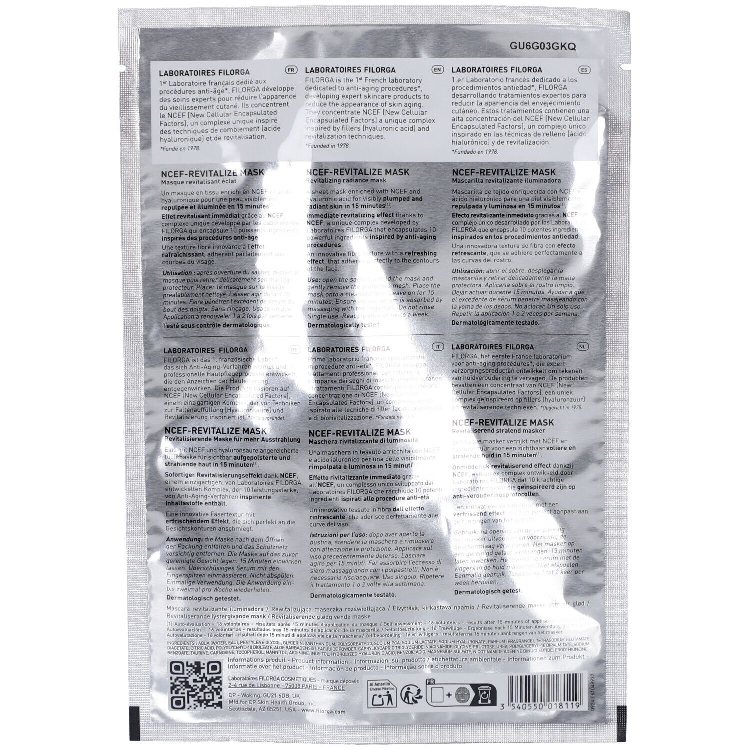 Dos du sachet. Texte multilingue. Produit : NCEF-REVITALIZE MASK. Marque : Filorga. Contient des informations d'utilisation.