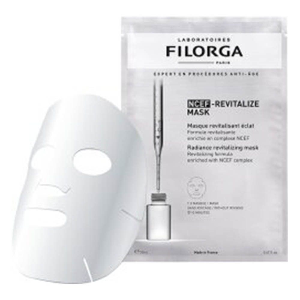Masque facial à côté de l'emballage. Produit : NCEF-REVITALIZE MASK. Marque : Filorga. Masque blanc, avec contours du visage.