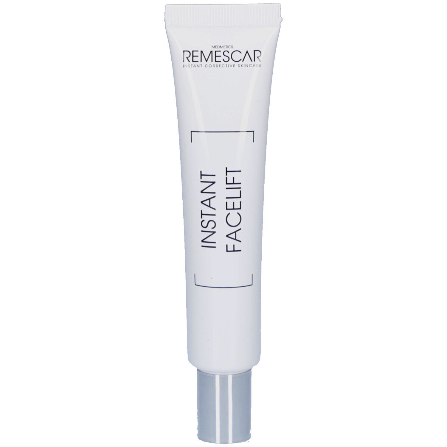 Weiße Tube mit silbernem Verschluss. Aufschrift: REMESCAR, INSTANT FACELIFT. Produkt für die Gesichtspflege.