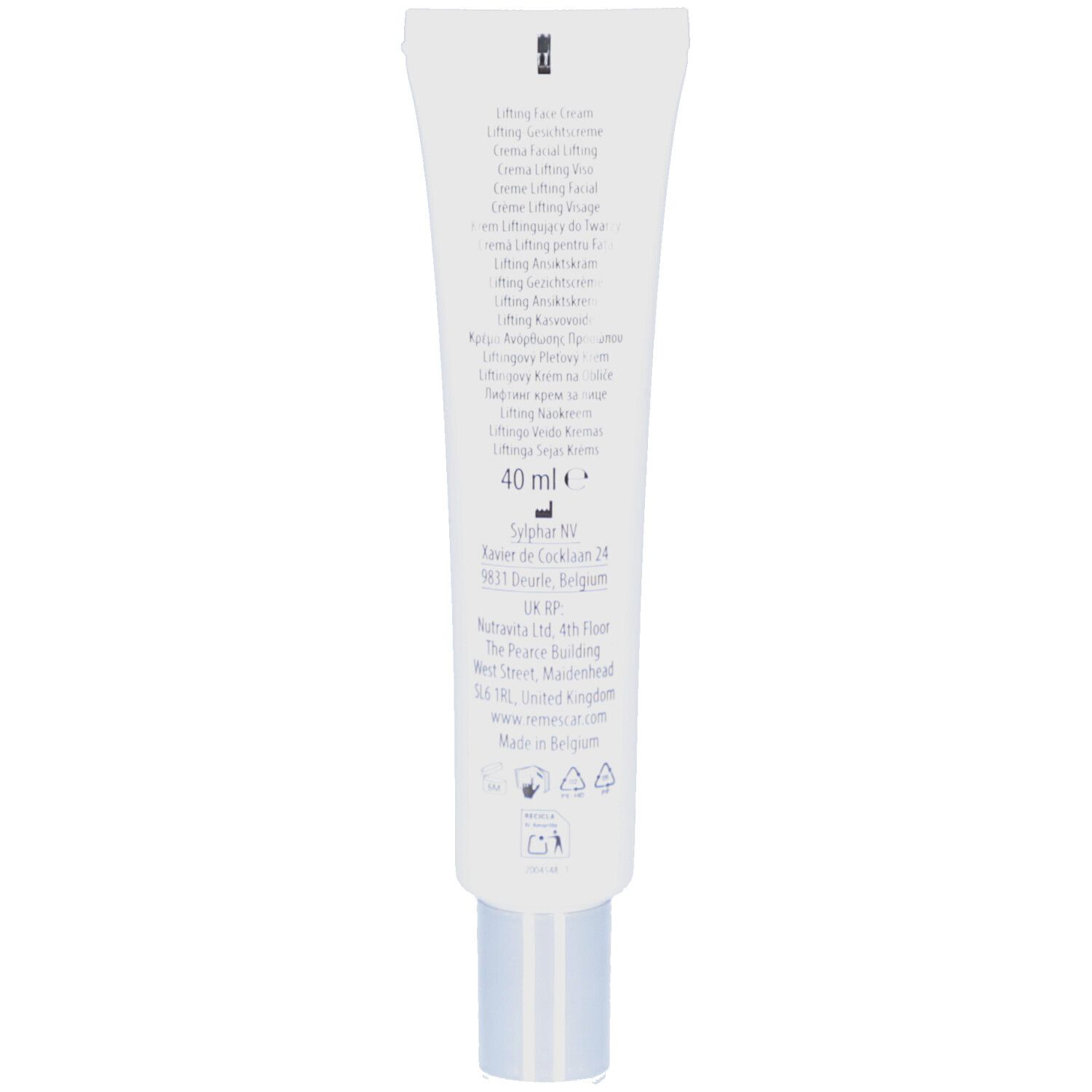 Rückseite einer weißen Tube. Text in mehreren Sprachen. Volumen: 40 ml. Herstellerinformationen.