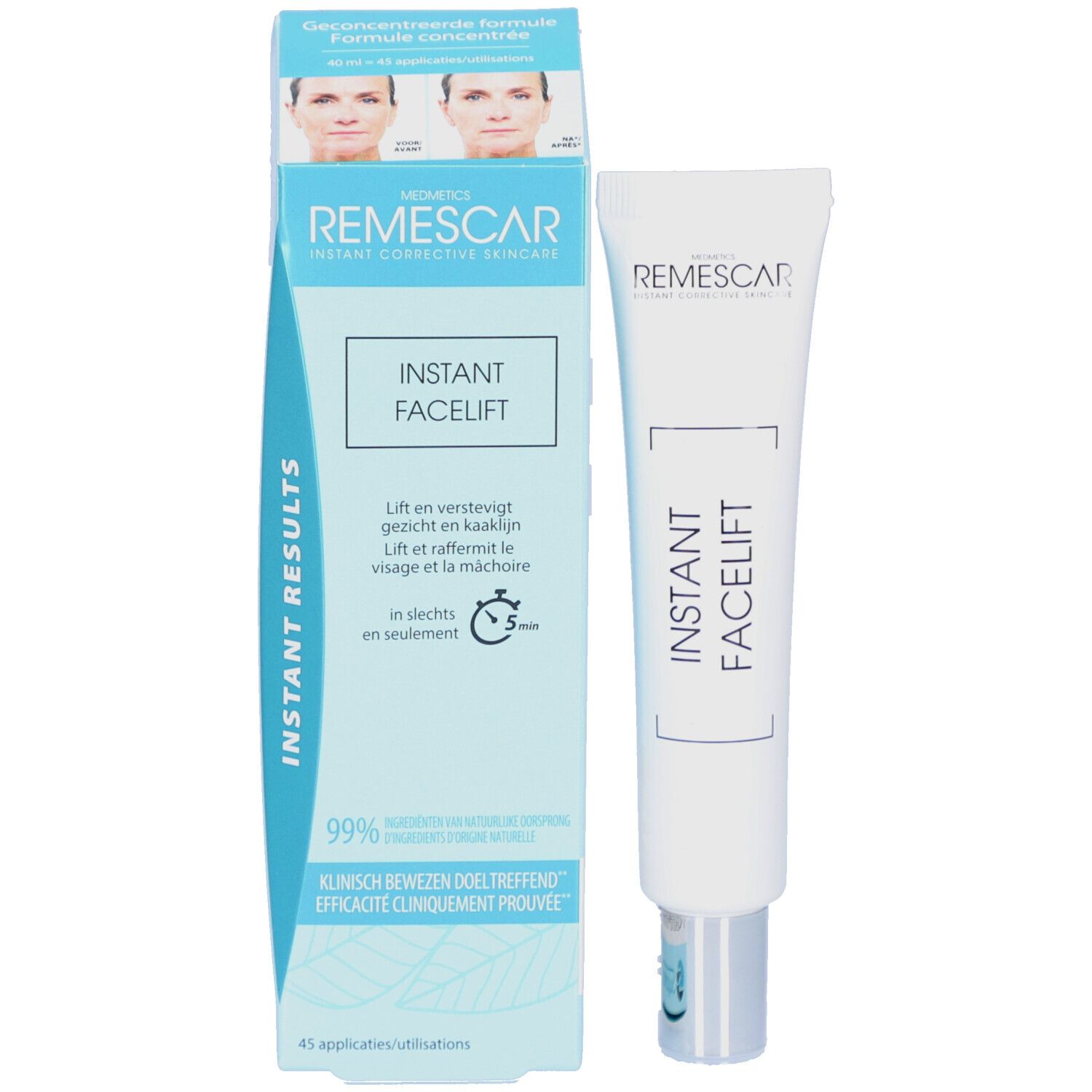 Produktverpackung und Tube. Verpackung: blau-weiß. Aufschrift: REMESCAR, INSTANT FACELIFT. Tube: weiß.