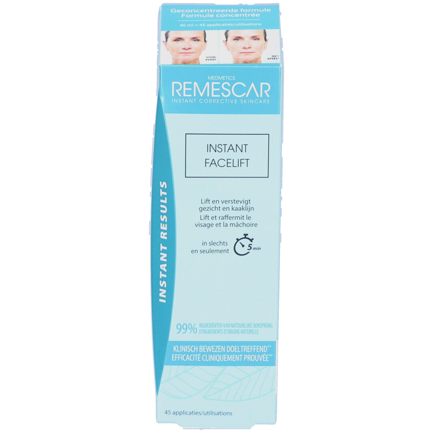 Produktverpackung. Blau-weiße Schachtel. Aufschrift: REMESCAR, INSTANT FACELIFT. Text: Lift und strafft Gesicht.