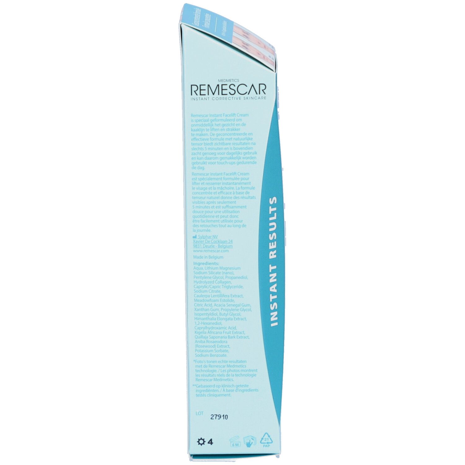 Seite der Produktverpackung. Blau-weiße Schachtel. Text: INSTANT RESULTS. Herstellerinformationen.