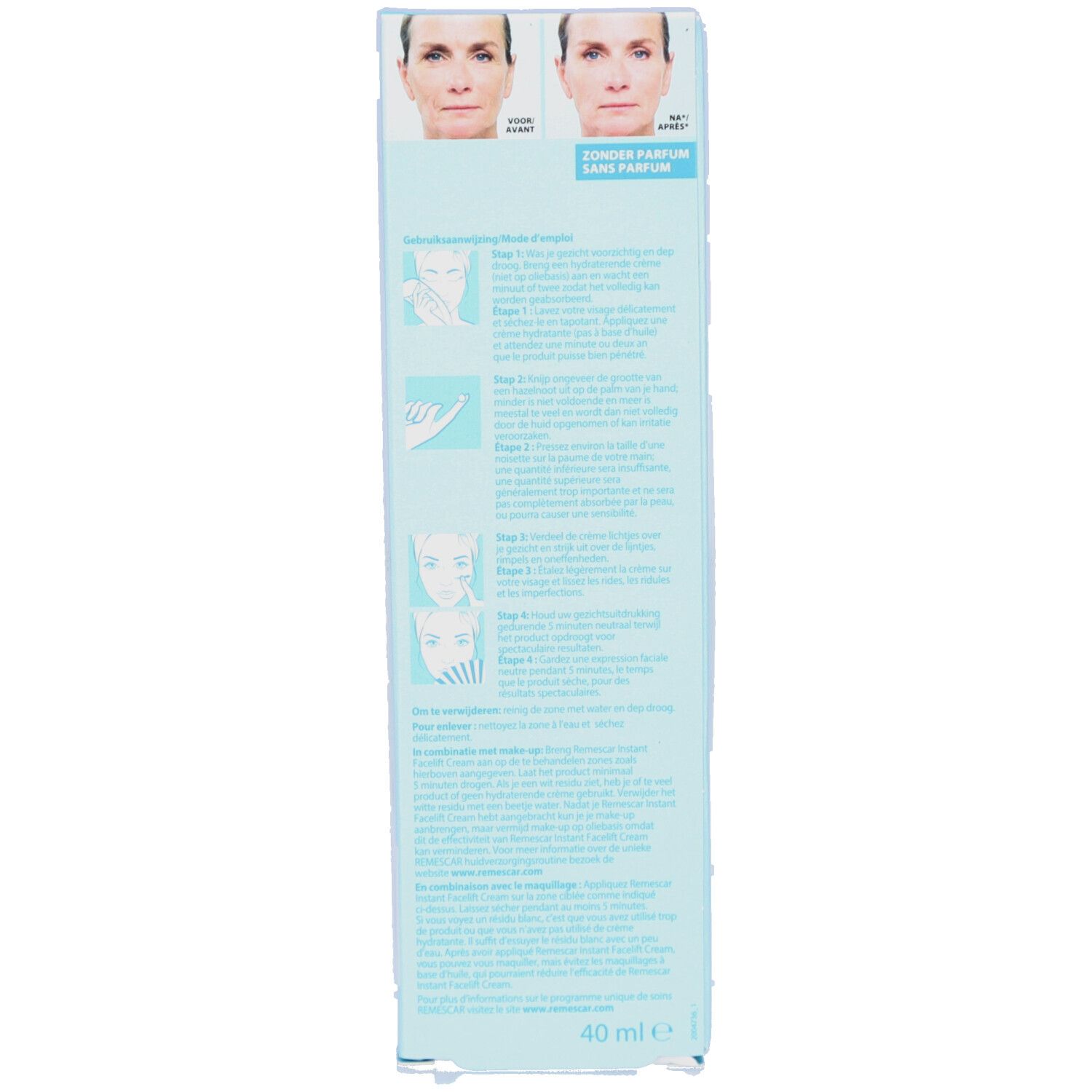 Rückseite der Produktverpackung. Blau-weiße Schachtel. Text und Illustrationen zur Anwendung.