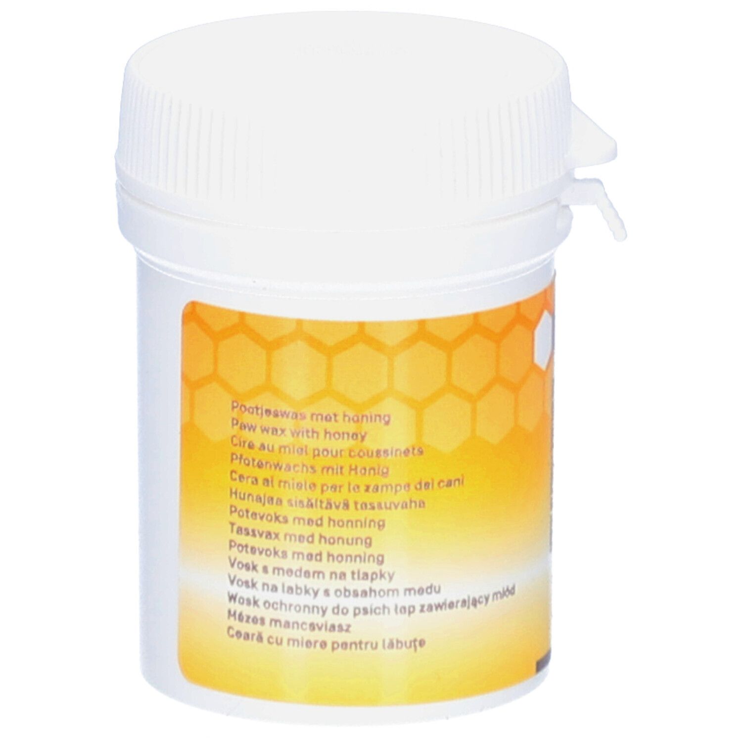 Rückseite einer weißen Dose mit gelb-orangefarbenem Etikett. Mehrsprachige Produktinformationen.