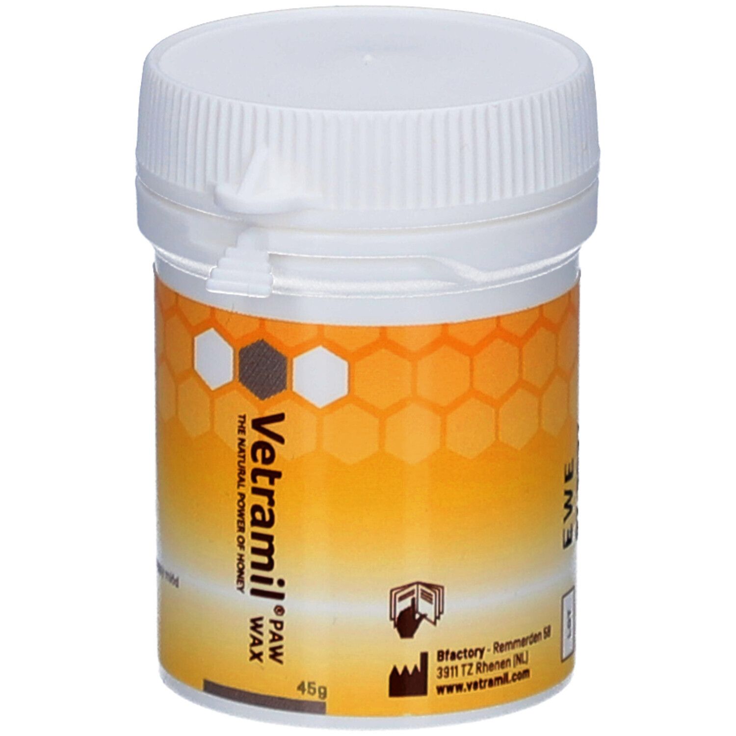 Weiße Dose mit gelb-orangefarbenem Etikett. Aufschrift: Vetramil Paw Wax. Honig-Wachs für Pfoten. 45g.