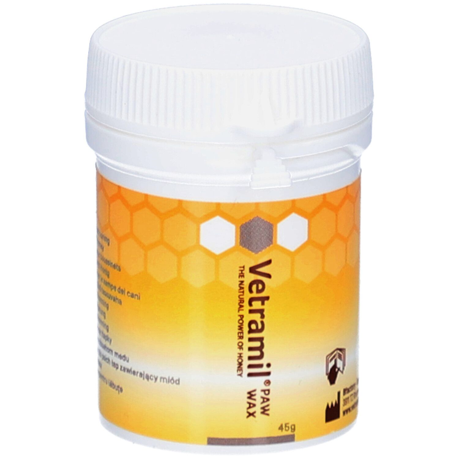 Weiße Dose mit gelb-orangefarbenem Etikett. Aufschrift: Vetramil Paw Wax. Honig-Wachs für Pfoten. 45g.