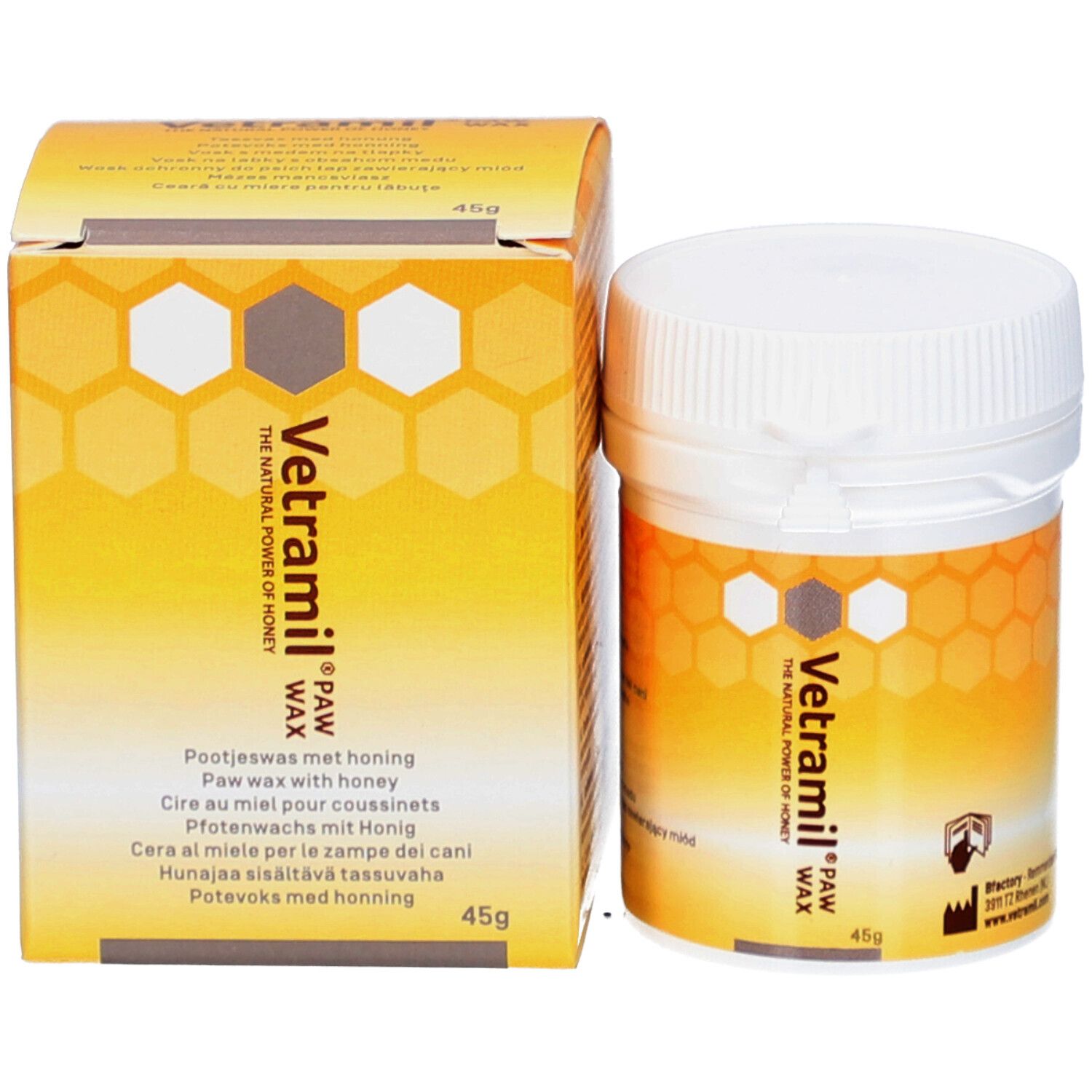 Produktverpackung und Dose. Aufschrift: Vetramil Paw Wax. Honig-Wachs für Pfoten. 45g. Gelb-orangefarben.