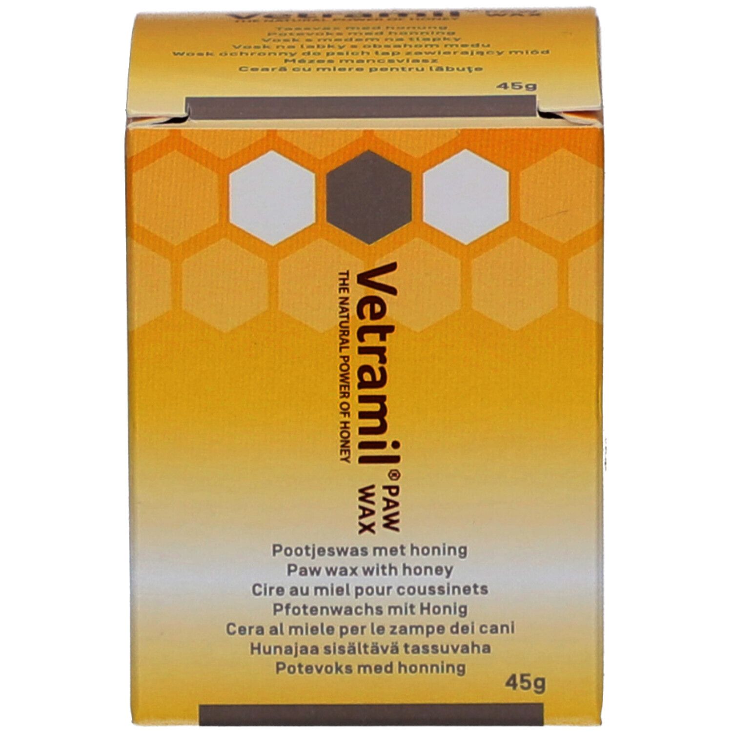 Produktverpackung. Aufschrift: Vetramil Paw Wax. Honig-Wachs für Pfoten. 45g. Gelb-orangefarben.