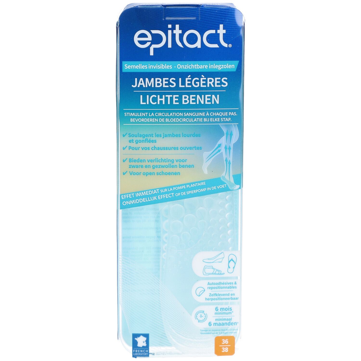 Verpackung mit epitact® Einlegesohlen. Text: Jambes légères, Lichte benen. Größe 36-38. Sichtbare Einlegesohlen.