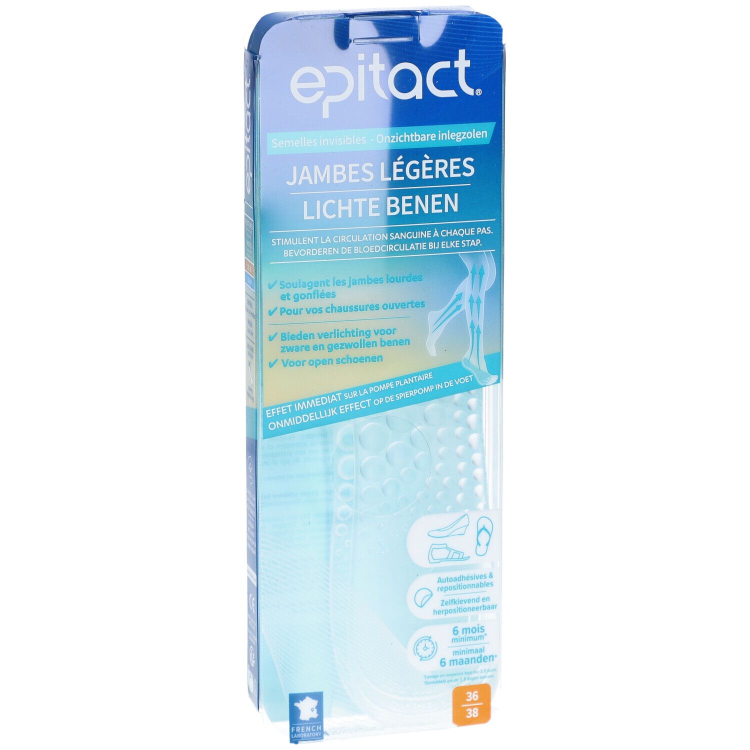 Verpackung mit epitact® Einlegesohlen. Text: Jambes légères, Lichte benen. Größe 36-38. Sichtbare Einlegesohlen.