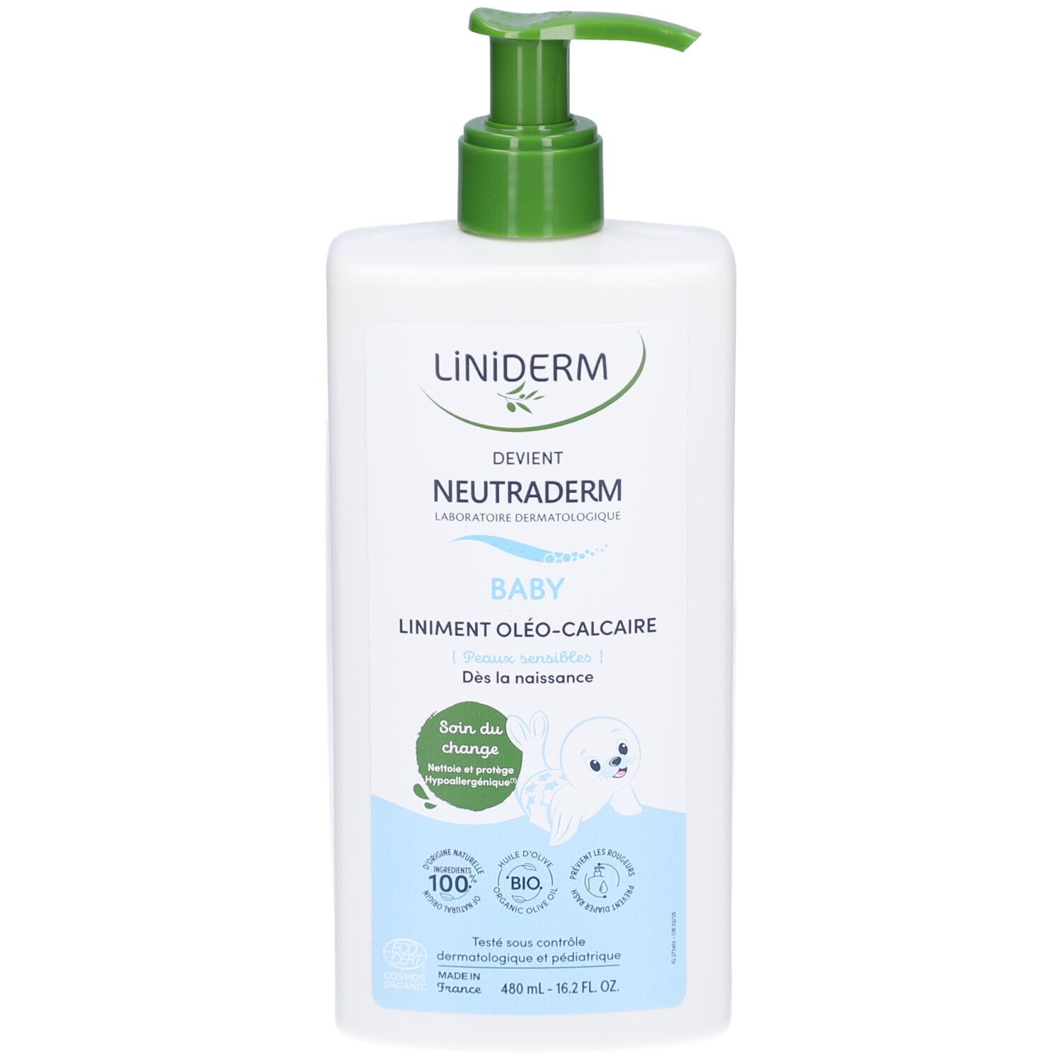 Weiße Flasche mit grünem Pumpkopf. Aufschrift: Liniderm, Neutraderm Baby, Liniment Oléo-Calcaire. Mit Bio-Siegel und Baby-Illustration.