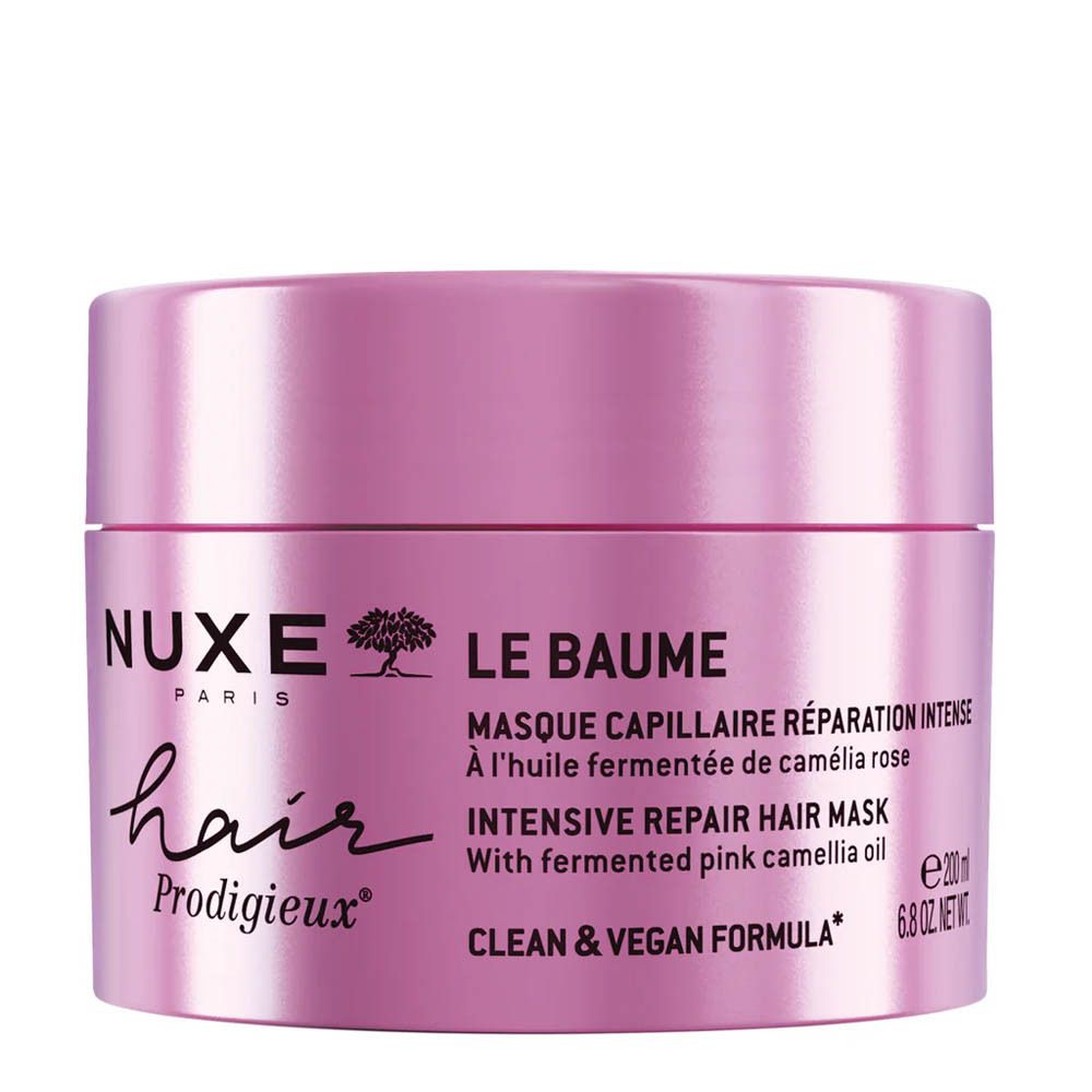 Pot rose avec couvercle. Inscription : Nuxe Paris, Hair Prodigieux. Texte : Le Baume, Masque capillaire, Intensive Repair. Vegan. 200 ml.
