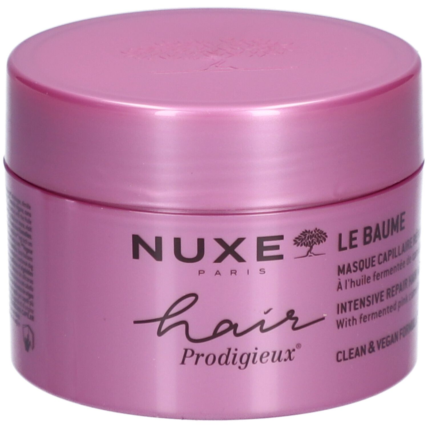 Pot rose avec couvercle. Inscription : Nuxe Paris, Hair Prodigieux. Texte : Le Baume, Masque capillaire, Intensive Repair. Vegan.