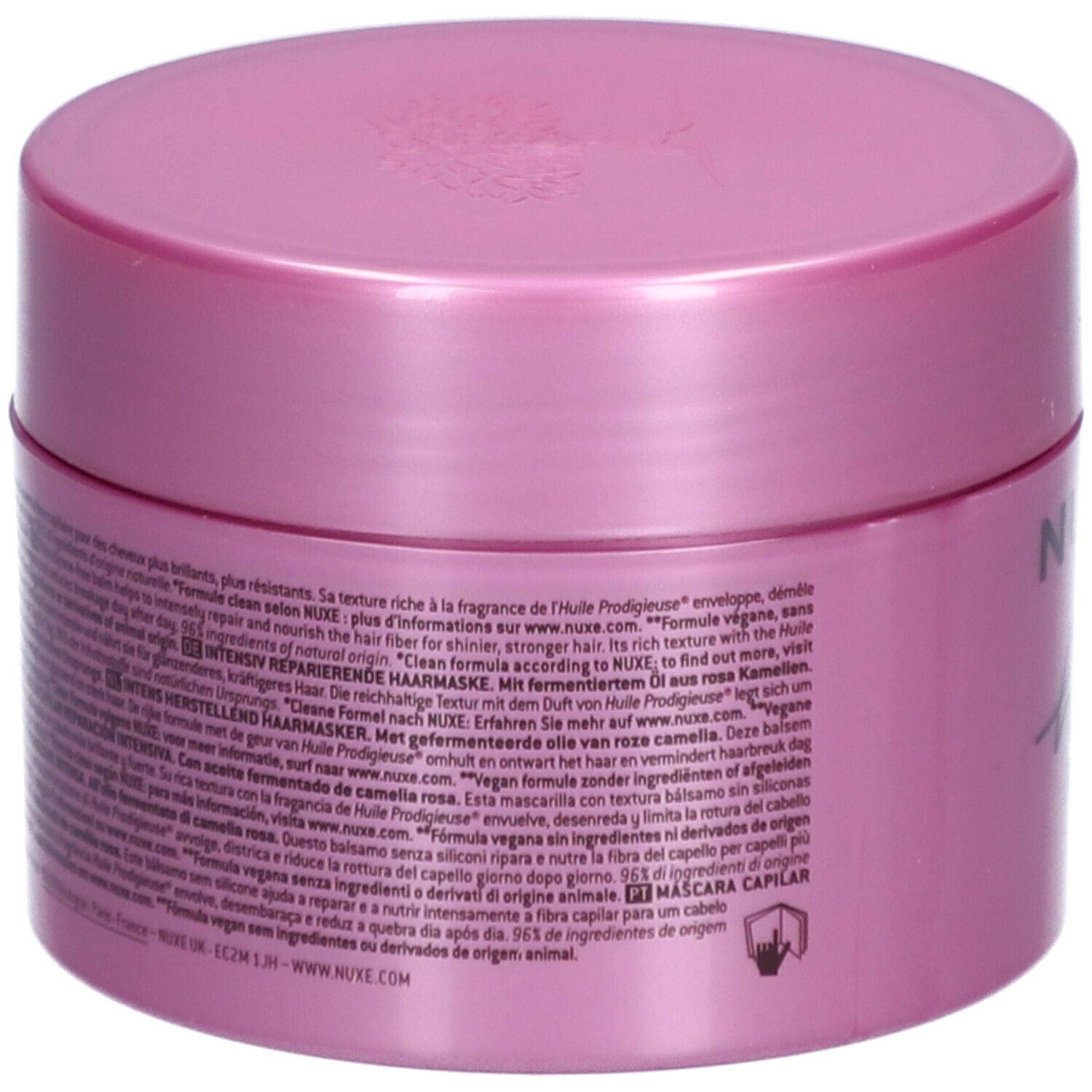 Dos d'un pot rose. Texte : Ingrédients, vegan, 0% silicone. Texte en plusieurs langues. Marque : Nuxe.