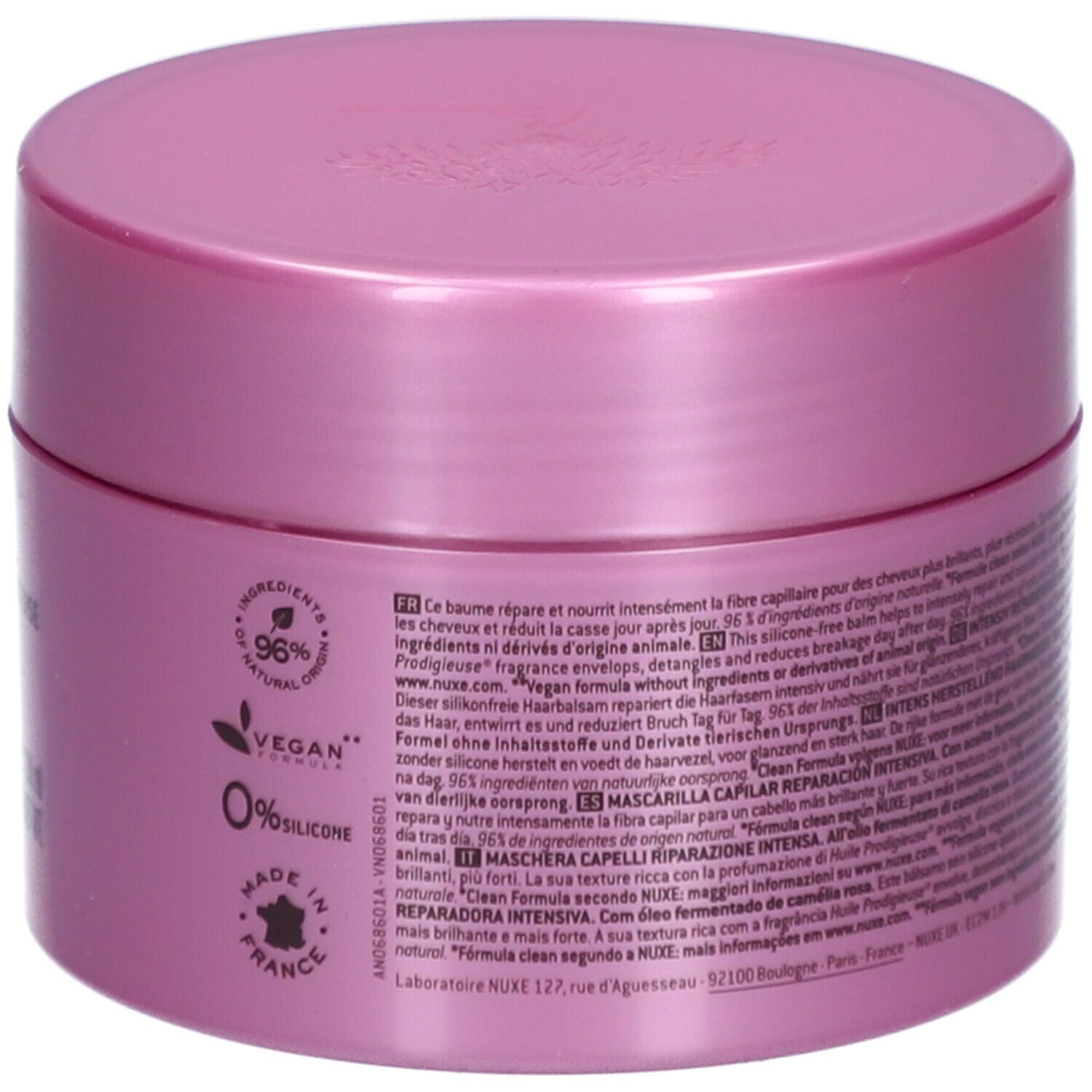Dos d'un pot rose. Texte : Ingrédients, vegan, 0% silicone. Texte en plusieurs langues. Marque : Nuxe.