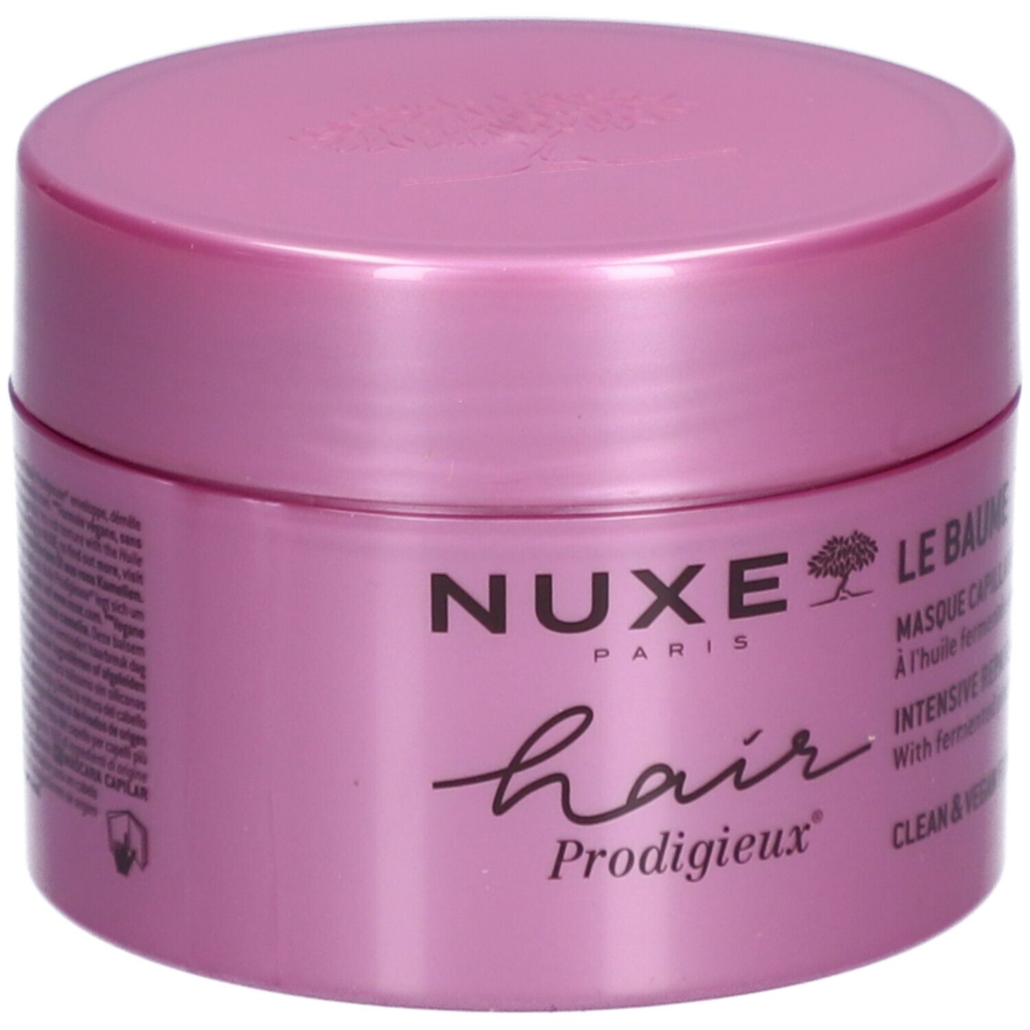 Pot rose avec couvercle. Inscription : Nuxe Paris, Hair Prodigieux. Texte : Le Baume, Masque capillaire, Intensive Repair. Vegan.