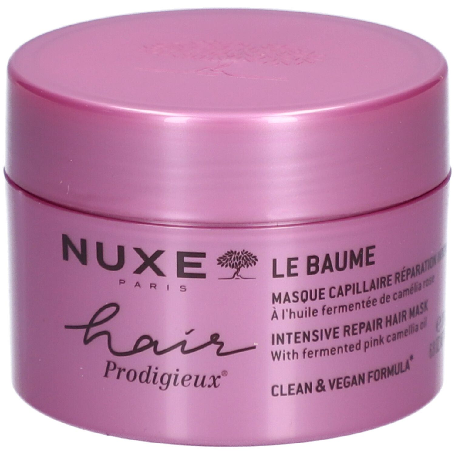 Pot rose avec couvercle. Inscription : Nuxe Paris, Hair Prodigieux. Texte : Le Baume, Masque capillaire, Intensive Repair. Vegan.