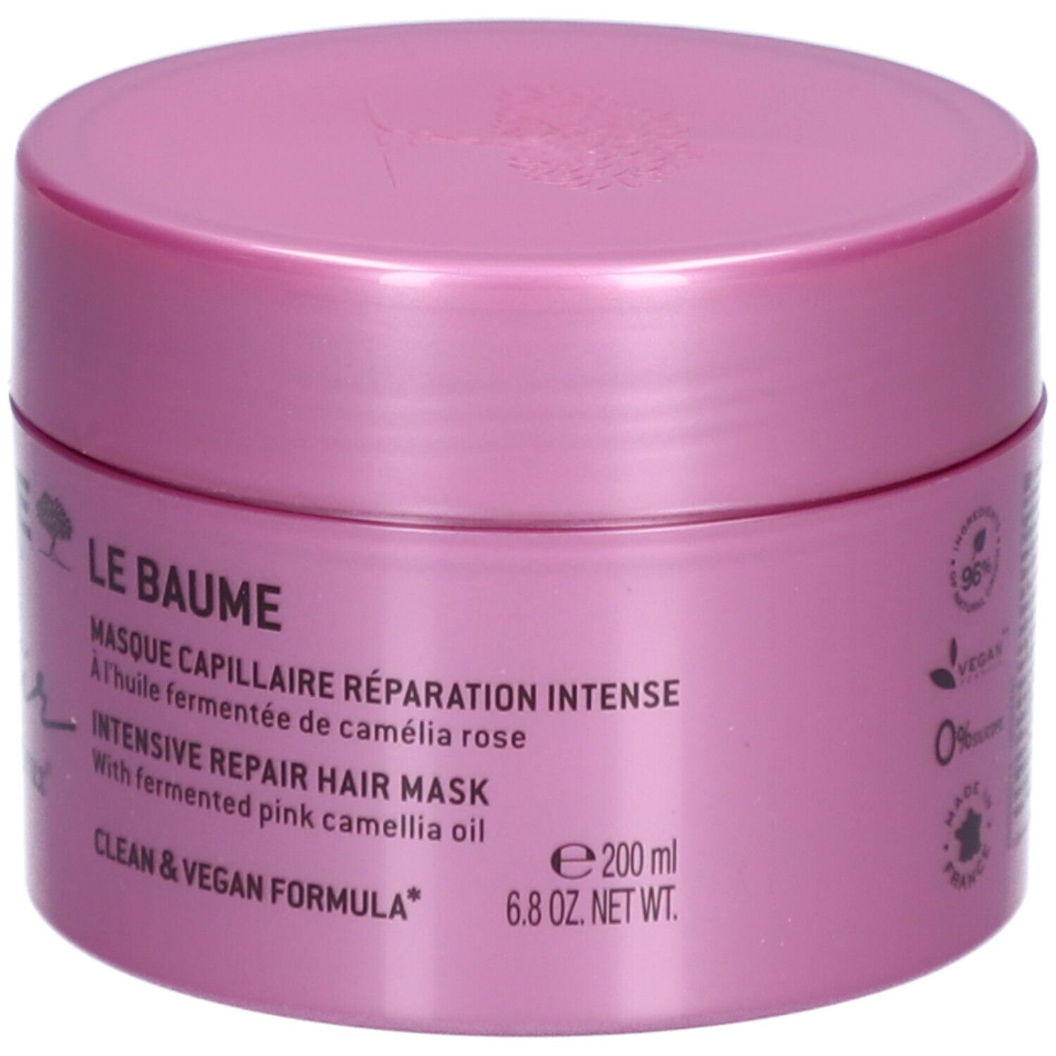 Pot rose avec couvercle. Inscription : Nuxe Paris, Hair Prodigieux. Texte : Le Baume, Masque capillaire, Intensive Repair. Vegan. 200 ml.