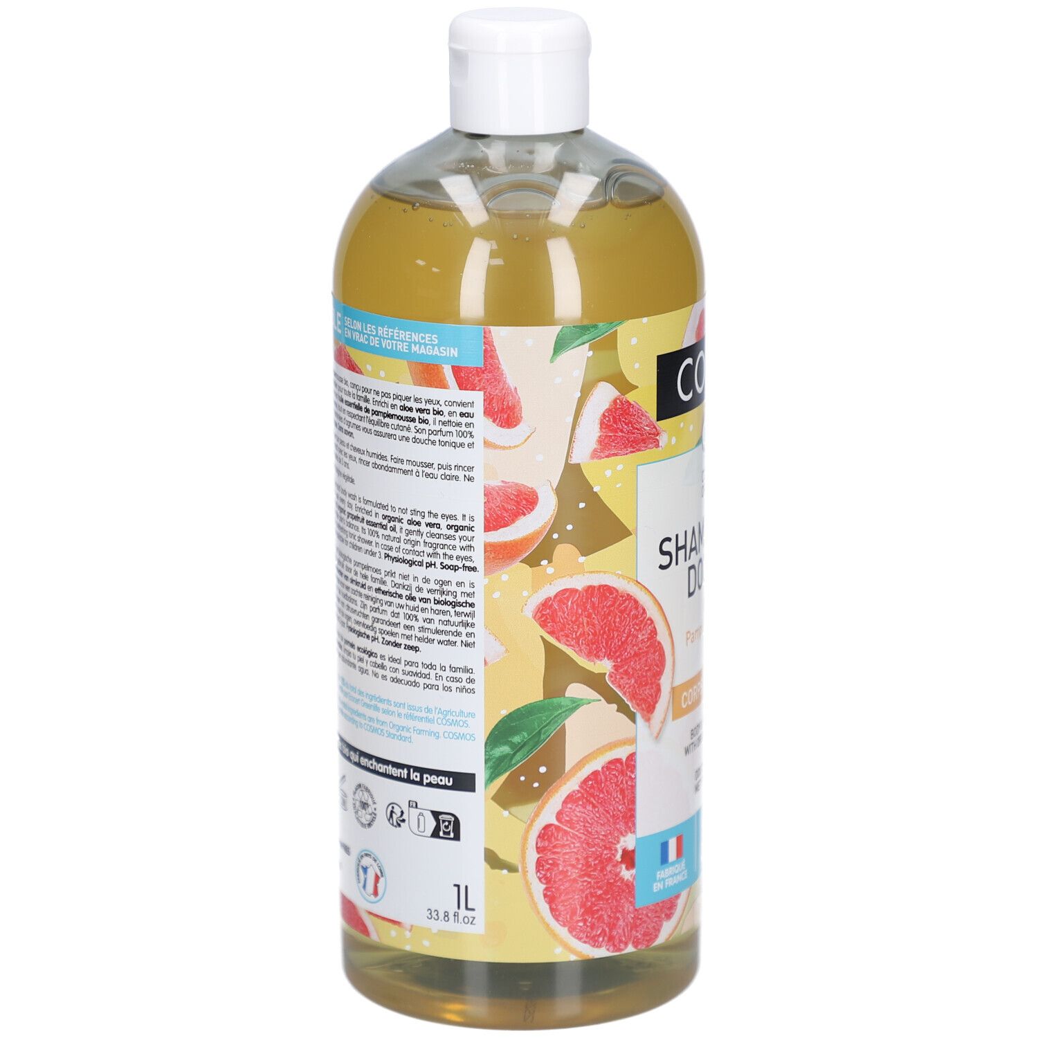 Körper- und Haarshampoo. Flasche mit weißem Deckel. Rückseite mit Text und Grapefruit-Motiv.