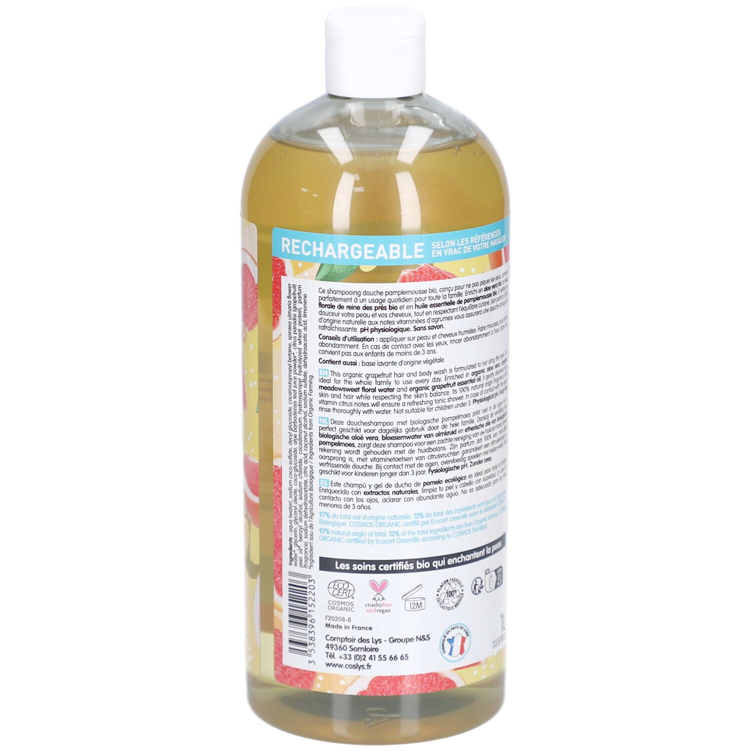 Körper- und Haarshampoo. Flasche mit weißem Deckel. Rückseite mit Text und Zertifizierungen.