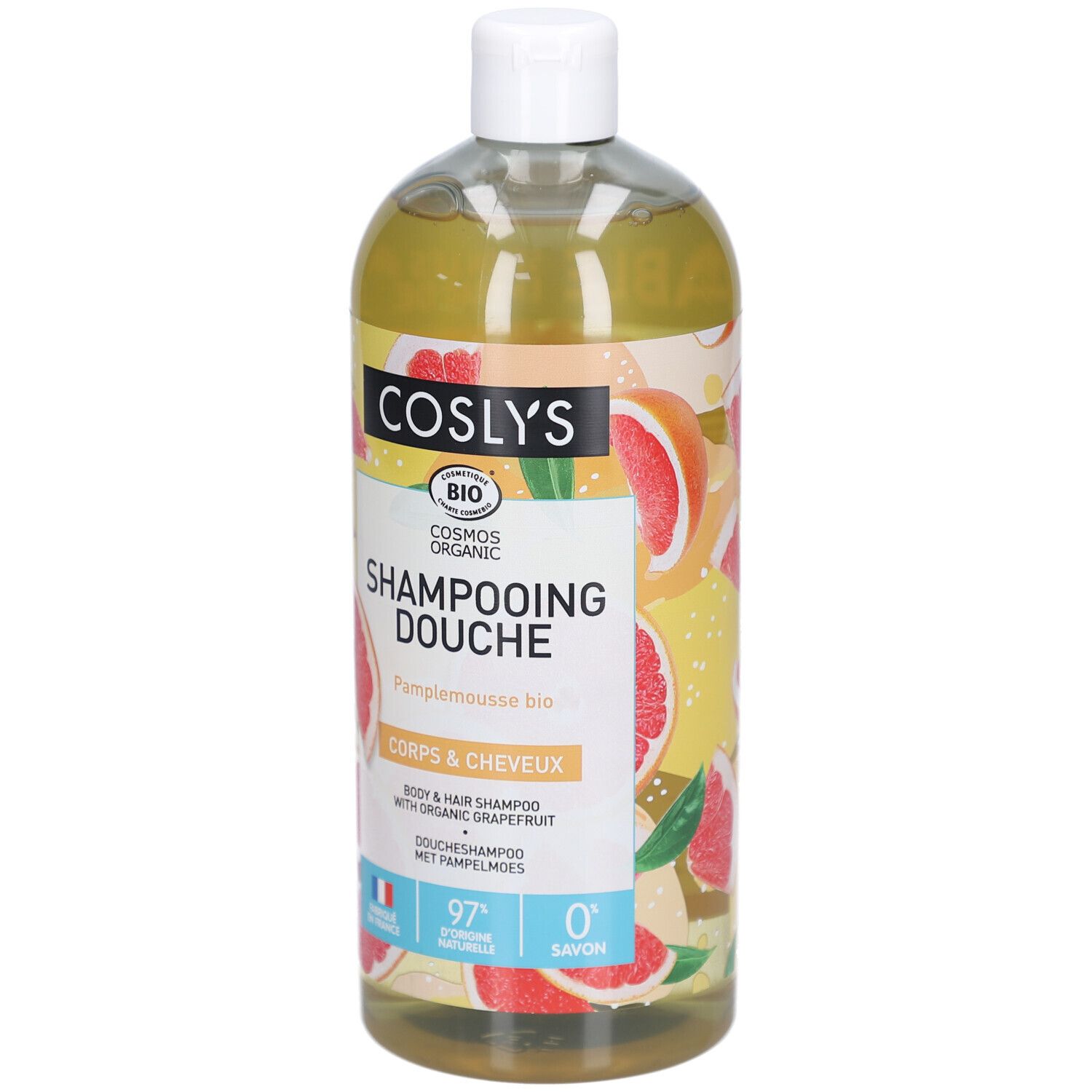 Körper- und Haarshampoo. Flasche mit weißem Deckel. Etikett mit Grapefruit-Motiv und Schriftzug.