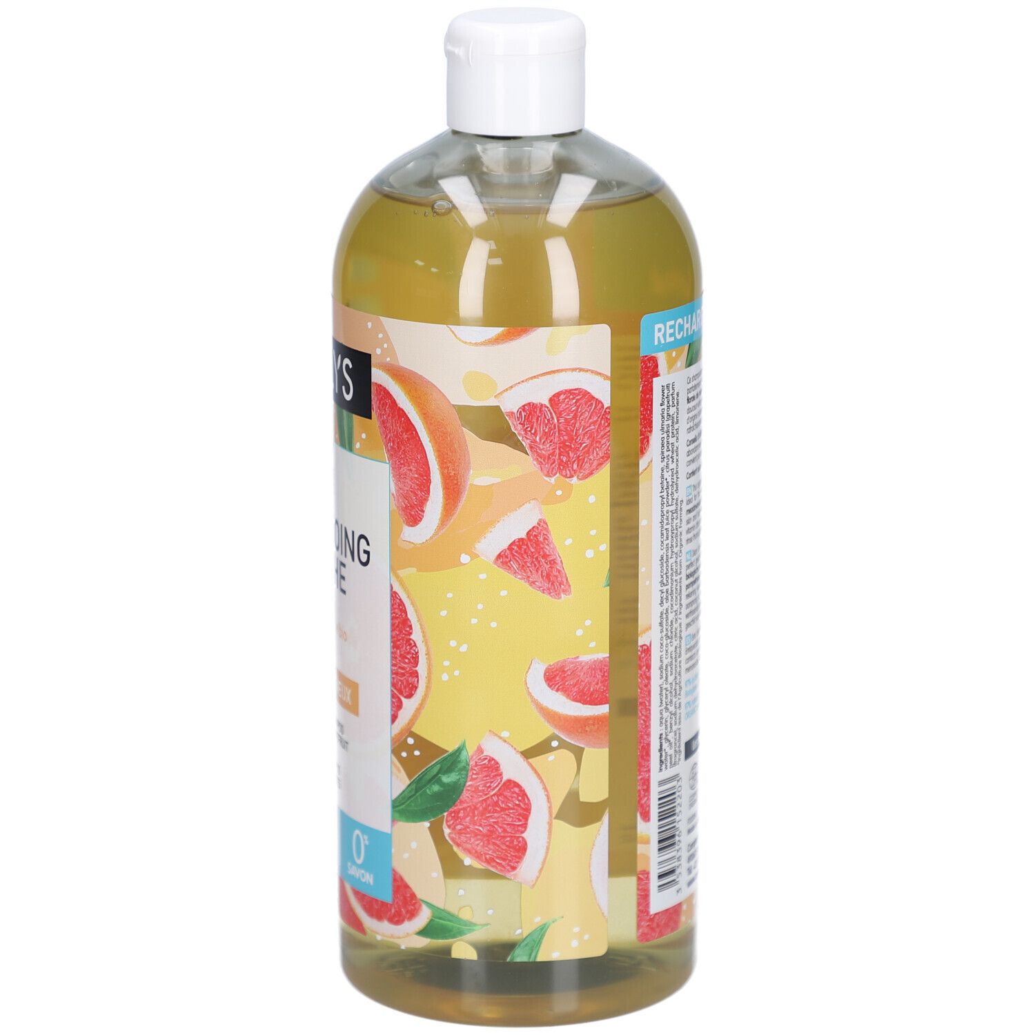 Körper- und Haarshampoo. Flasche mit weißem Deckel. Etikett mit Grapefruit-Motiv und Schriftzug.