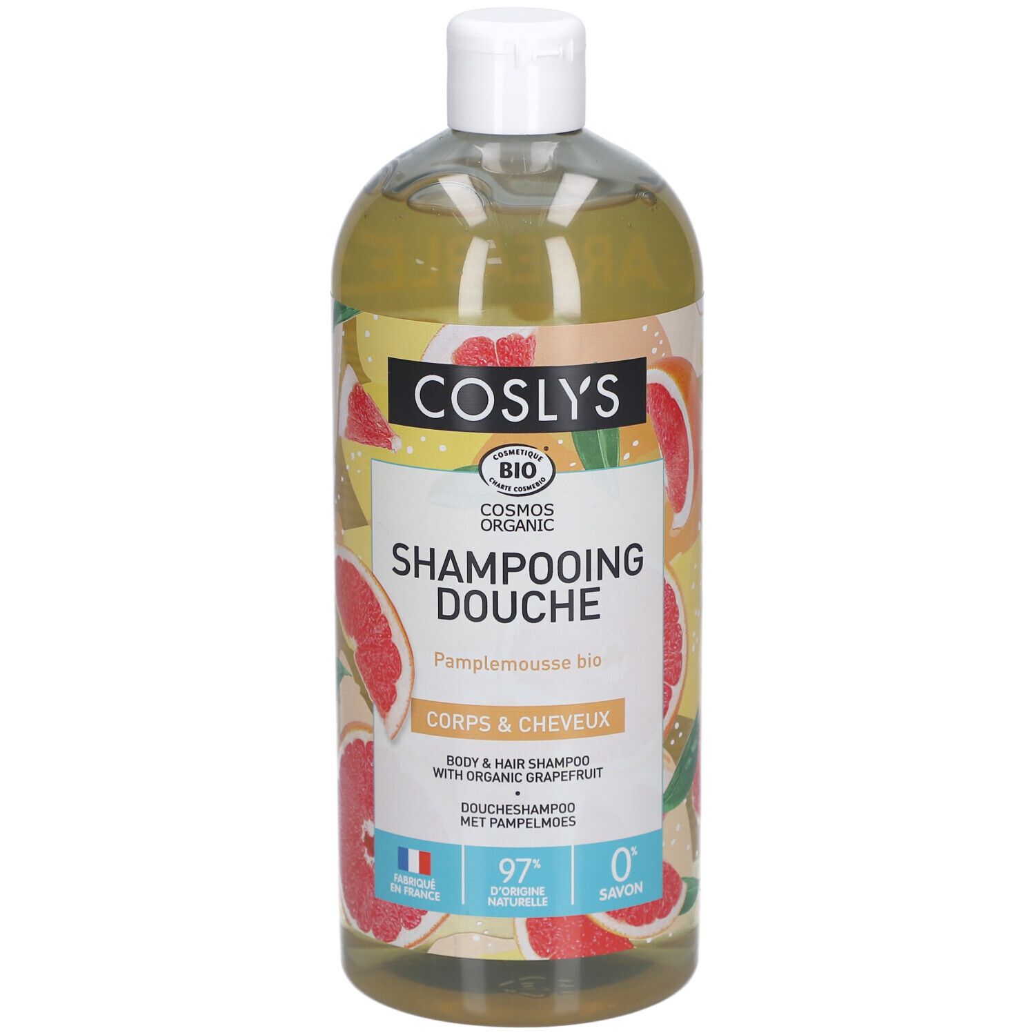Körper- und Haarshampoo. Flasche mit weißem Deckel. Etikett mit Grapefruit-Motiv und Schriftzug.