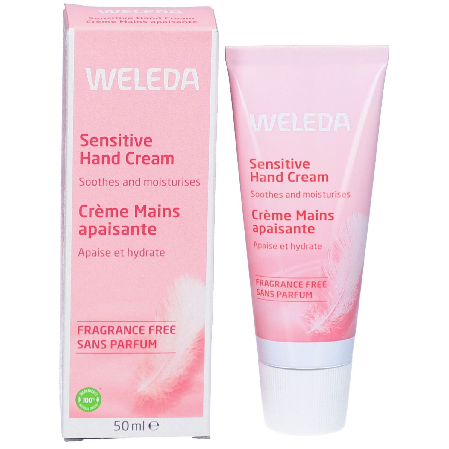 Productverpakking: tube en doos. Opschrift: Weleda, Sensitive Hand Cream, Crème Mains apaisante, Fragrance Free, 50ml.